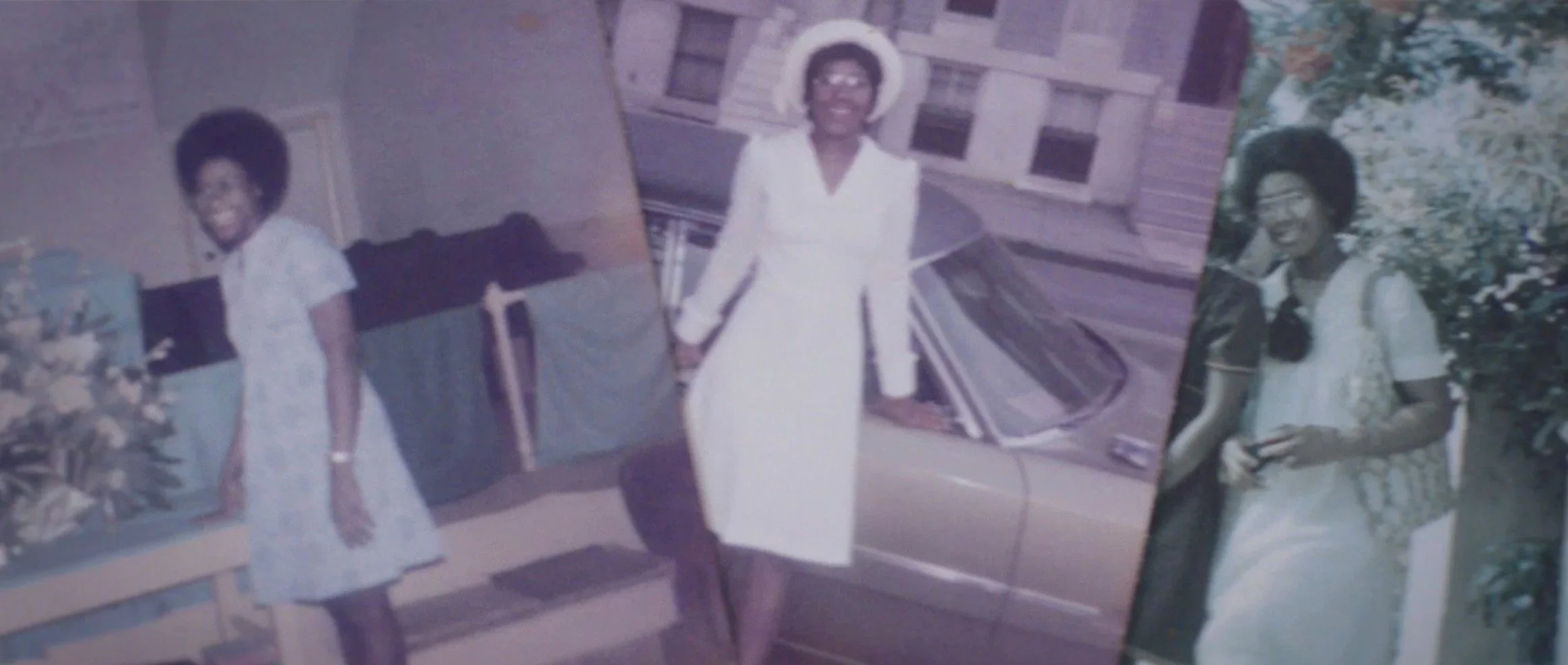 Three black and white vintage photos of a smiling woman with short hair, wearing different outfits: the first in a light-colored dress, the second in a white dress with a hat, and the third in a dress with a dark top and light skirt, photographed outdoors and near a car.