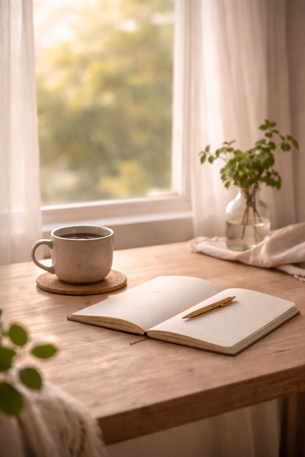A cozy scene with a wooden desk by a window, a cup of coffee on a coaster, an open notebook with a pen, and a potted plant with green leaves, all illuminated by soft natural light.