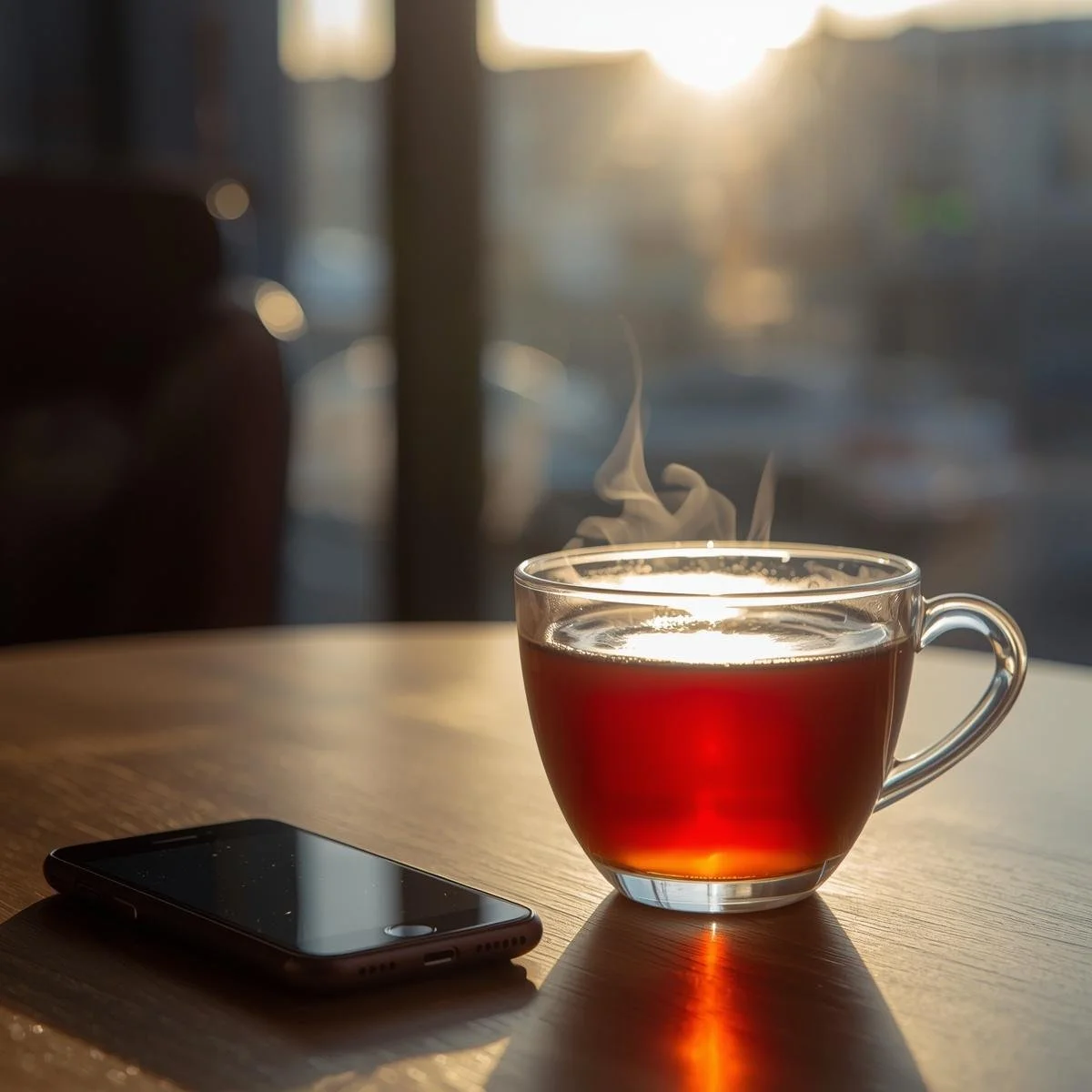 A glass cup of hot tea with steam rising, placed on a wooden table next to a black smartphone, with sunlight coming through a window in the background.