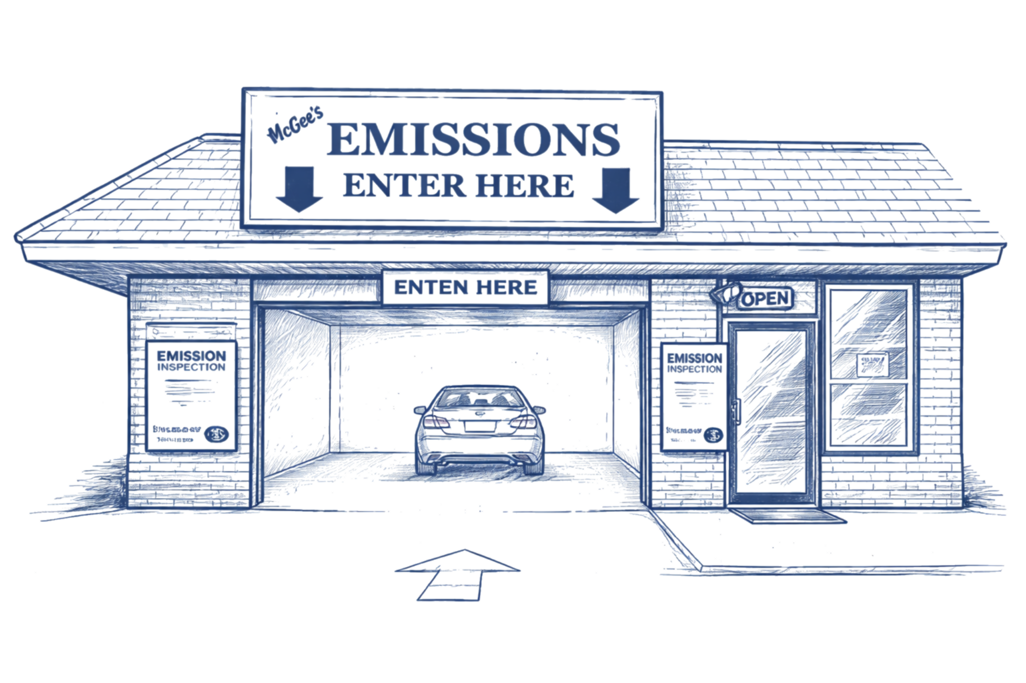 A building with signs indicating it is a location for emissions inspection, with a car inside. The building has an air of a garage or inspection station, with additional signs and posters related to emission inspection.