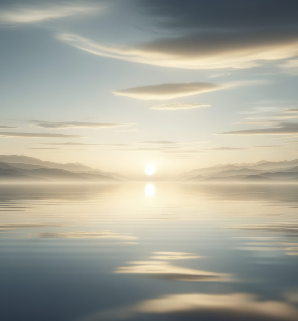 A serene lake at sunrise with calm water reflecting the sky, mountains in the distance, and a partly cloudy sky with soft light.
