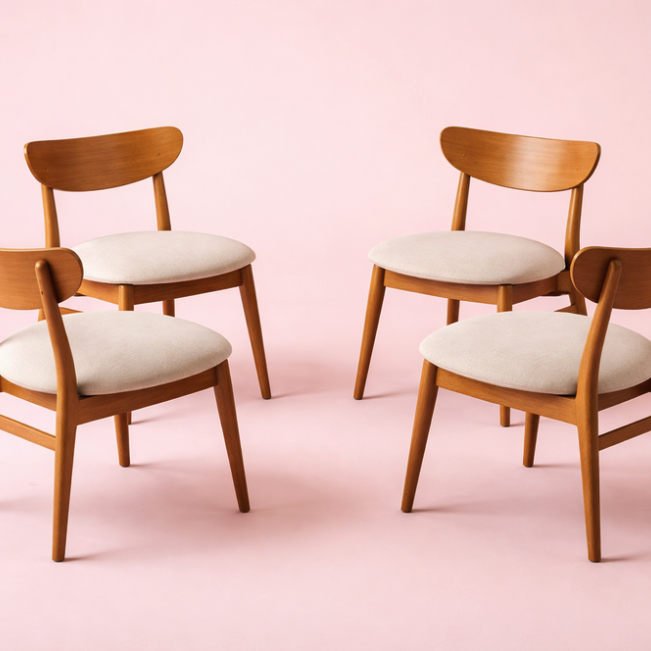 Four wooden chairs with cream cushions arranged on a pink background.
