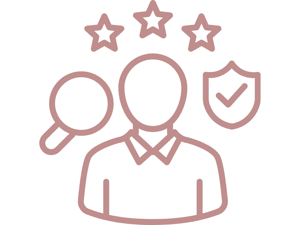 Icon of a person with stars above their head, a magnifying glass to the side, and a shield with a checkmark, representing focus, security, or evaluation.