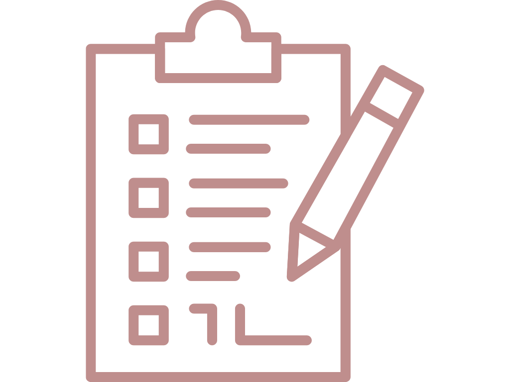 Outline of a clipboard with a checklist and a pencil writing on it.