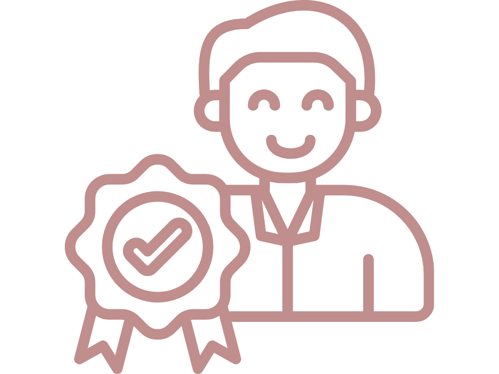 Line drawing of a smiling healthcare professional with a stethoscope around their neck, holding a certificate with a checkmark.