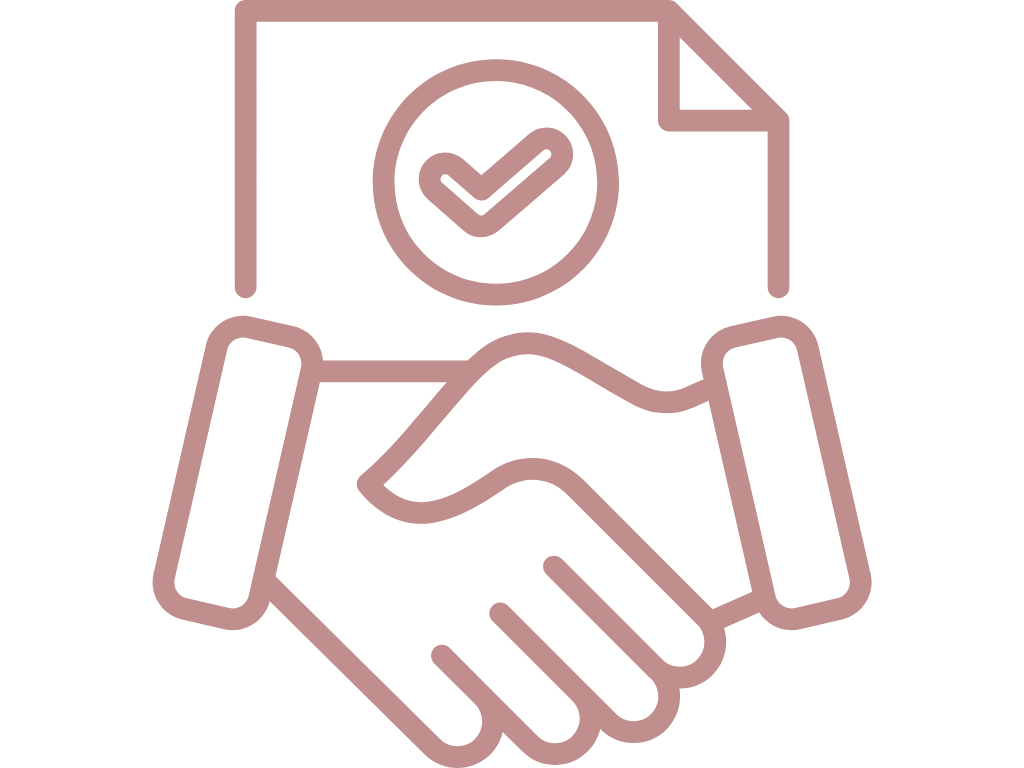 Icon of two hands shaking with a document featuring a checkmark above.