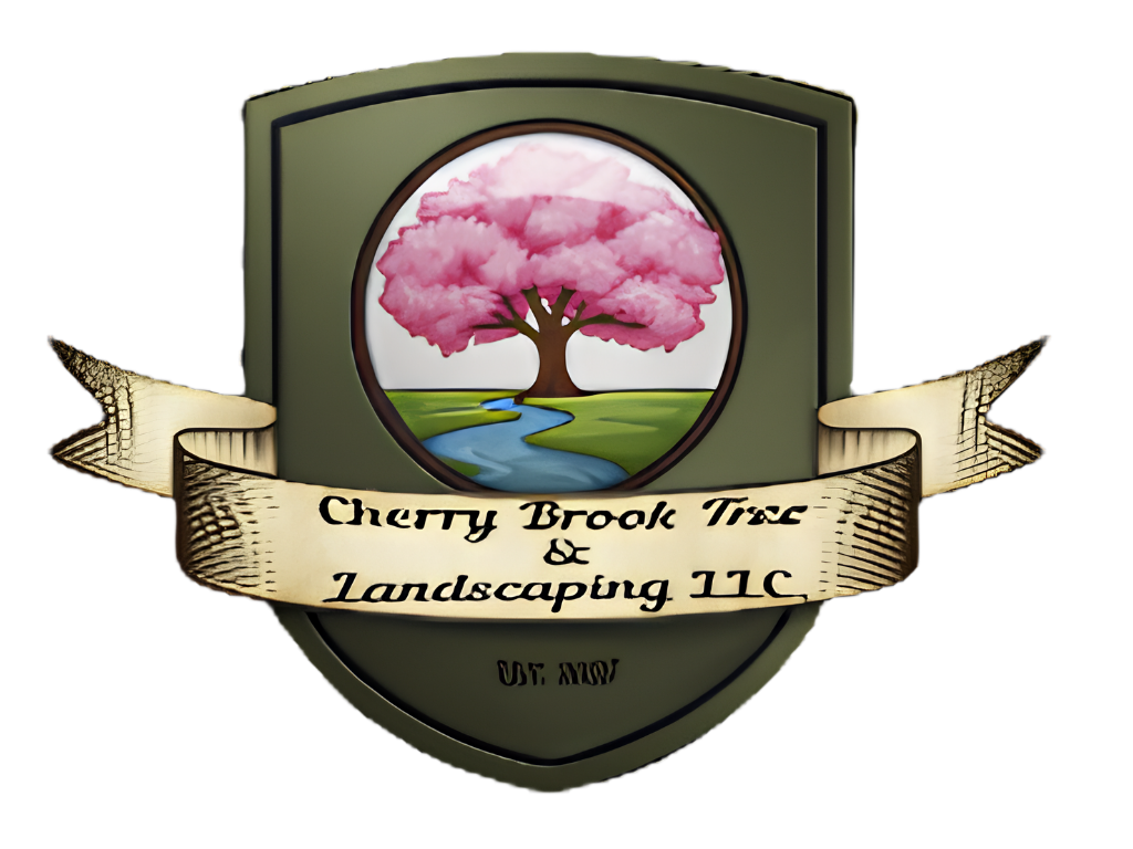 A logo for Cherry Brook Trace & Landscaping LLC featuring a pink cherry blossom tree over a stream in a circular design, with a banner displaying the business name and a note about the company being established in November.