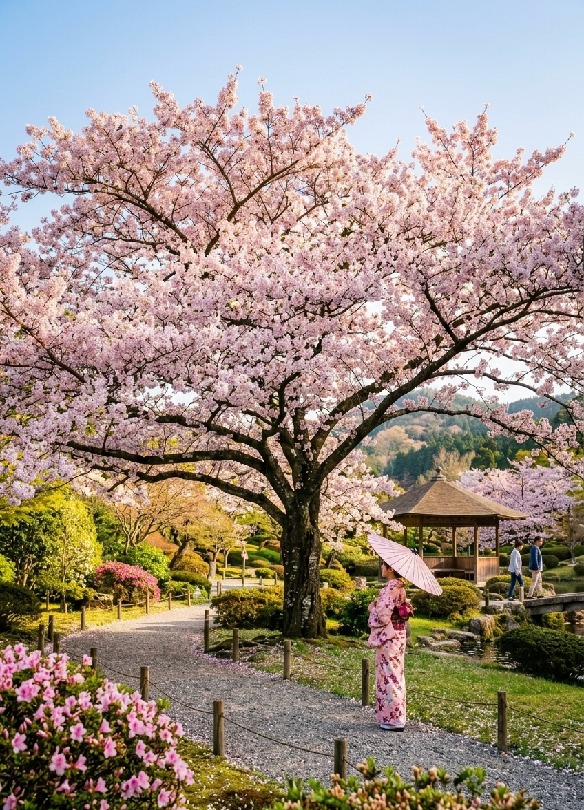 A woman in a kimono holding a parasol standing on a pathway in a Japanese garden with cherry blossom trees in full bloom.