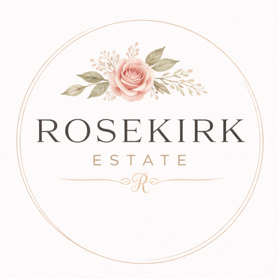 Logo with a pink rose and green leaves at the top, and the words "ROSEKIRK ESTATE" in black and gold, enclosed in a thin circular line.