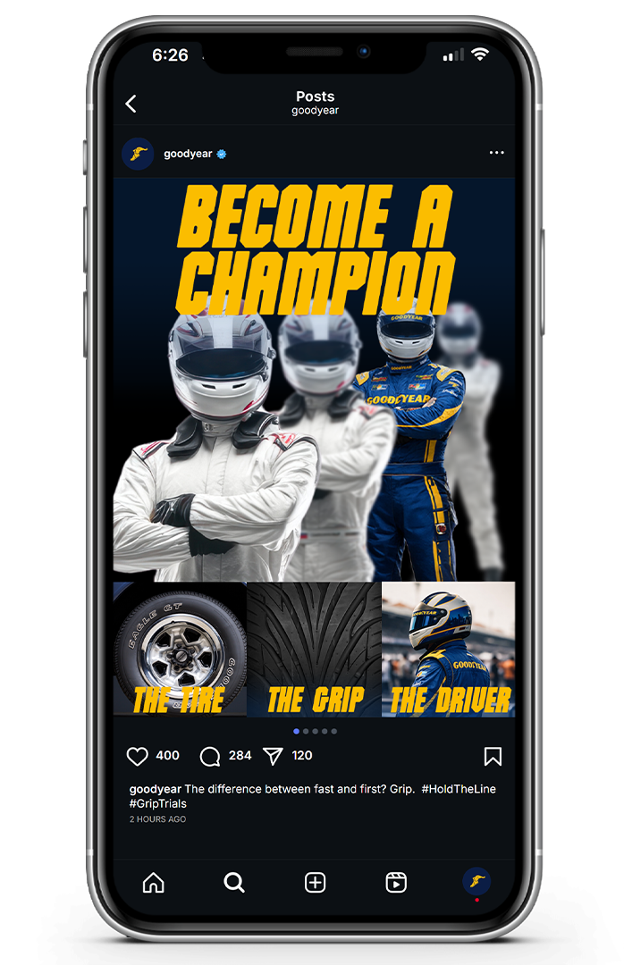 Instagram post by goodyear promoting racing, featuring four race car drivers in helmets and racing suits, with large text that reads 'Become a Champion'. The post highlights the importance of tires, grip, and driver in racing.