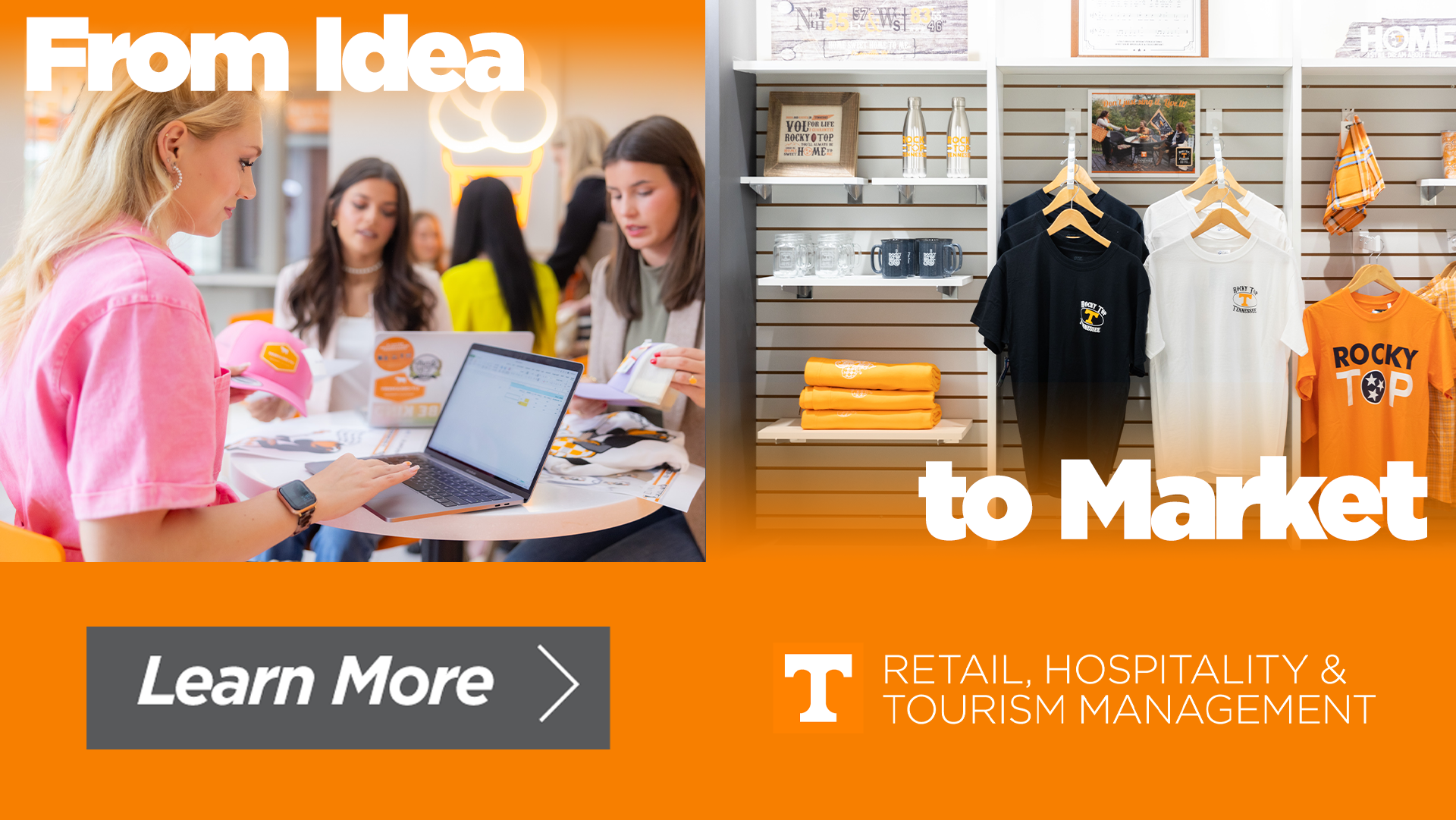 A promotional graphic with two sections: the left shows women working at a table with laptops and merchandise, and the right shows a retail display with themed T-shirts and accessories. The text overlay reads 'From Idea to Market' and a button says '