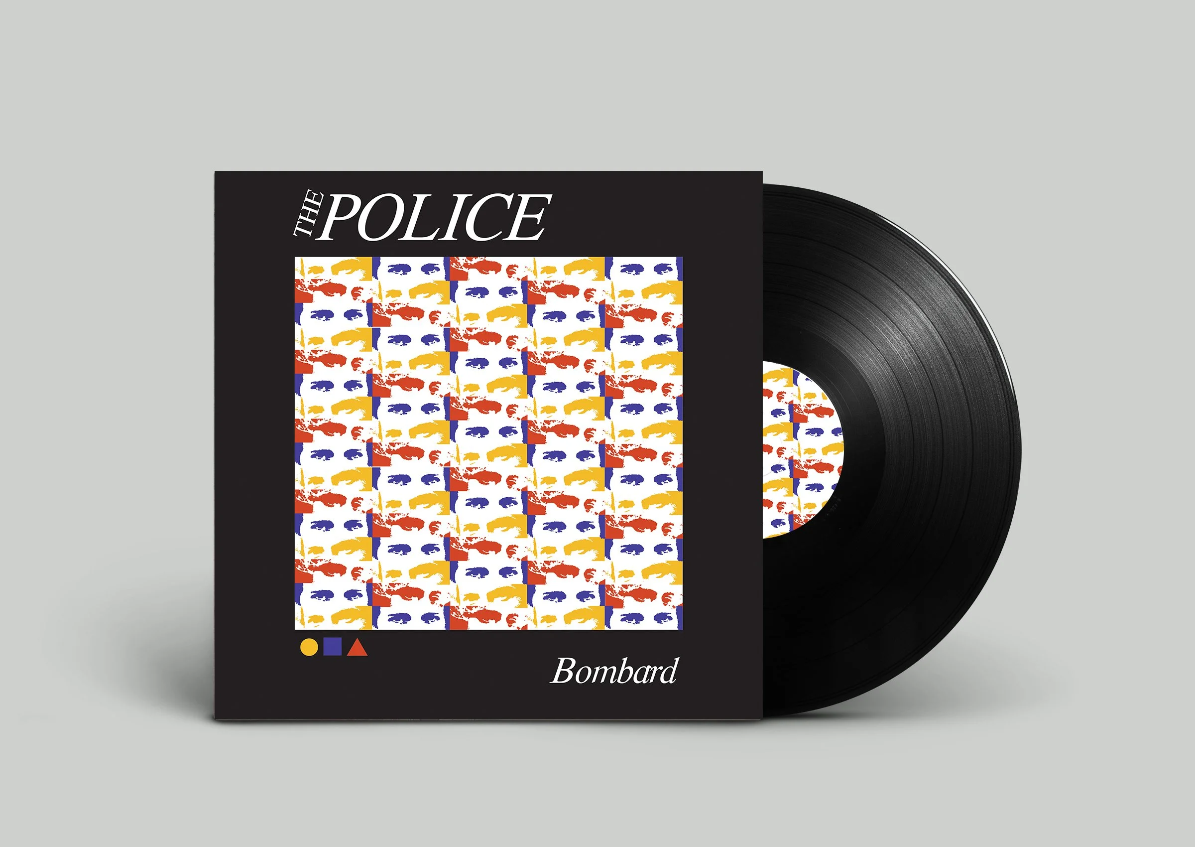 Vinyl record album titled "The Police" by Bombard with abstract colorful face illustrations on the cover.