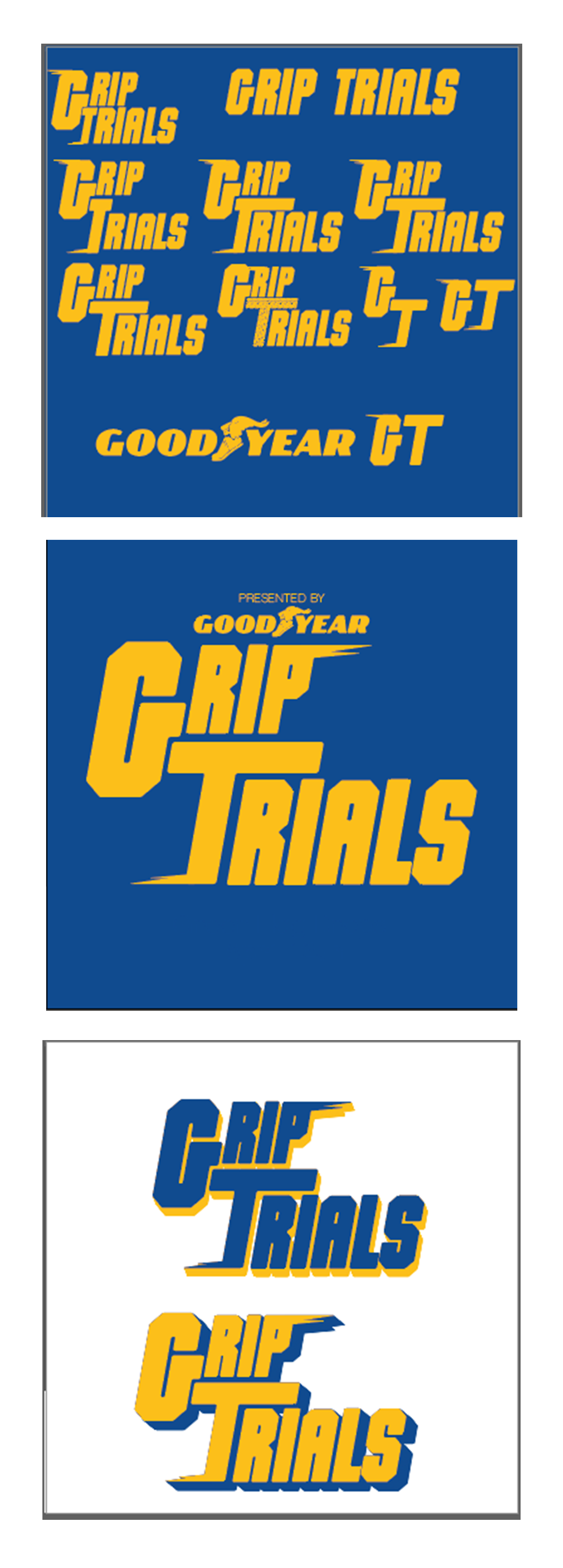 Compilation of logos and banners for the Goodyear Grip Trials, featuring stylized yellow and blue text with sporty font, a running shoe mascot, and racing motif elements.