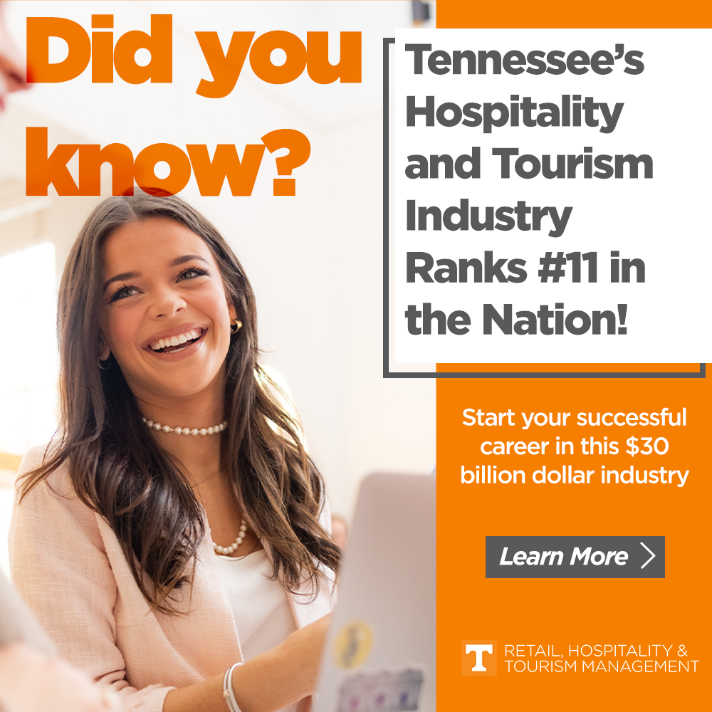 A smiling woman with long brown hair and pearl jewelry sitting at a table with a laptop. The image includes text promoting Tennessee's hospitality and tourism industry, highlighting its national rank and industry value.