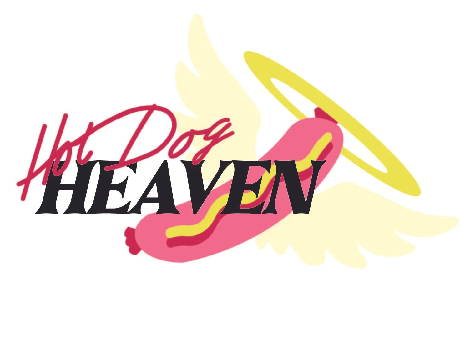 A pink hot dog with a yellow halo and wings, with the words "Hot Dog Heaven" in stylized text.