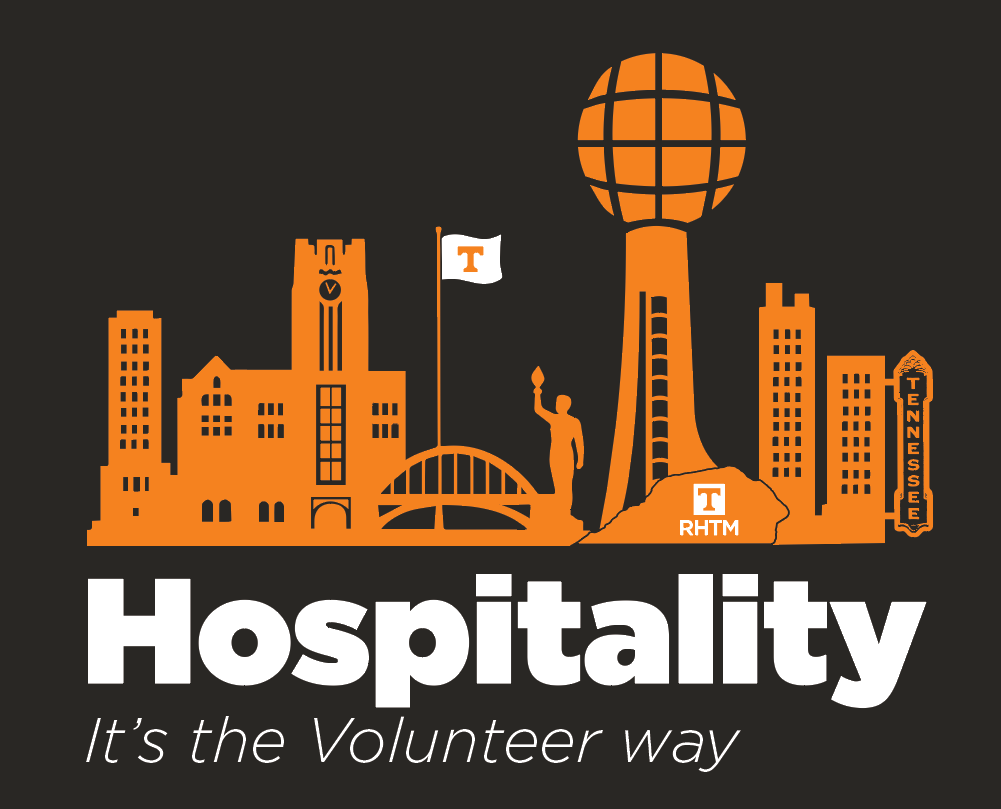 Graphic depiction of Nashville, Tennessee skyline with iconic landmarks and the Tennessee flag, with the words 'Hospitality' and 'It's the Volunteer way' at the bottom.