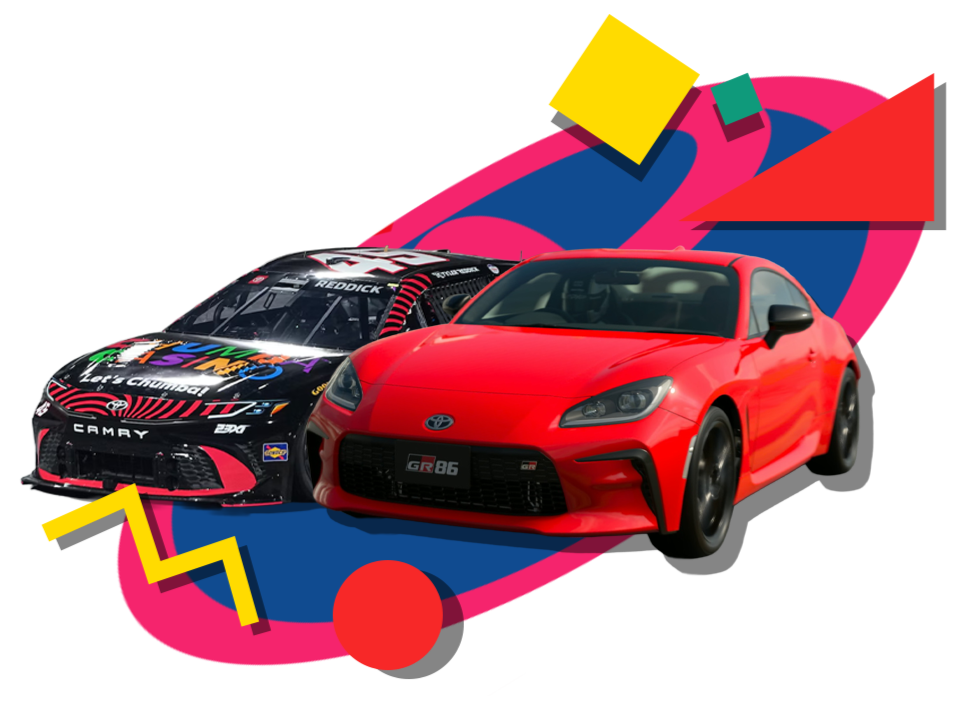 A red Toyota GR86 sports car and a black Toyota Camry race car with colorful racing decals, set against a vibrant abstract background with bold shapes and colors.