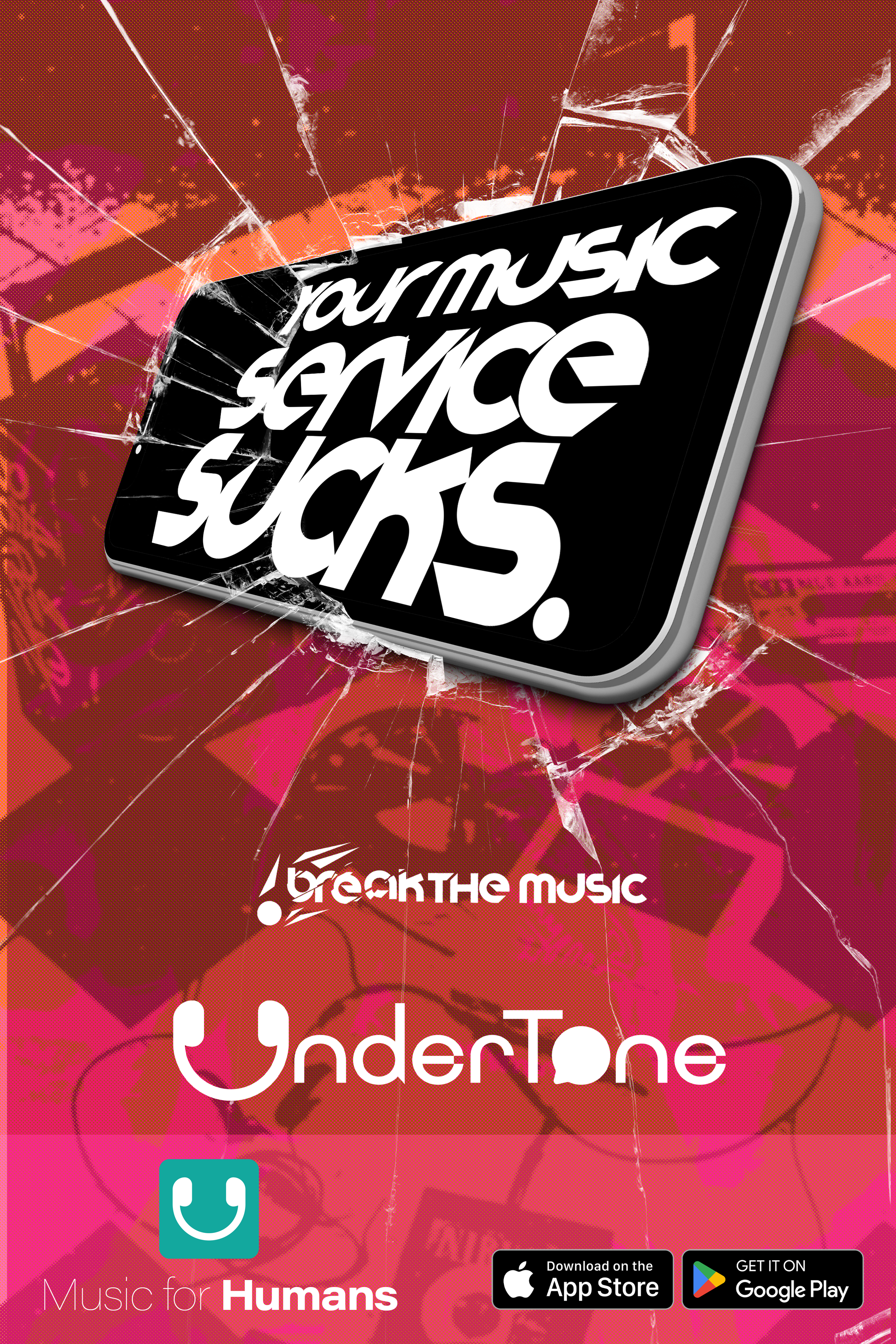 A promotional digital artwork for a music platform featuring a cracked smartphone screen with the words 'your music service Sucks' displayed on the phone. The background has a pink and red theme with abstract shapes and a blurred cityscape. Logos for