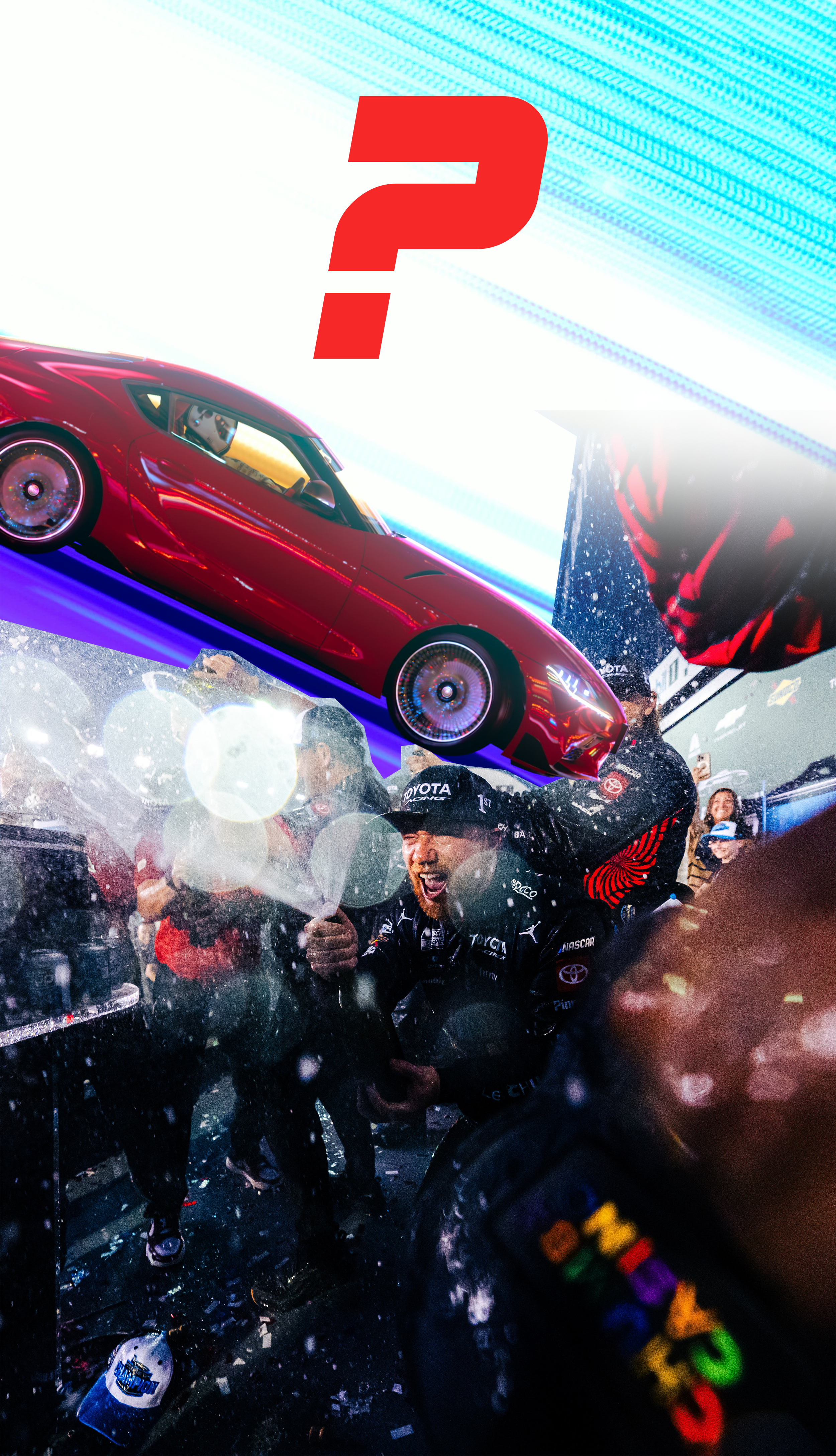 Race car celebration scene with a red car suspended in the air, a driver and team celebrating with confetti and water spray, with a large red question mark in the background.