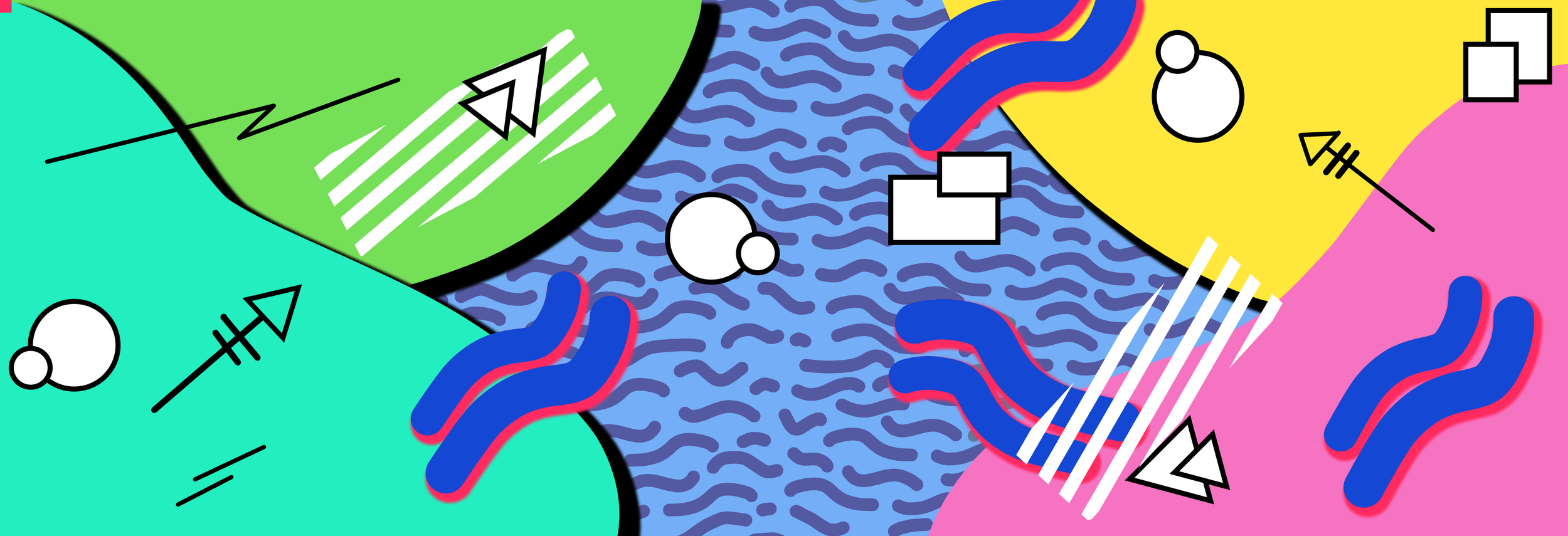 Abstract colorful pattern with shapes and wavy lines, including circles, squares, triangles, and wavy roads in blue, red, yellow, green, pink, and light blue colors.
