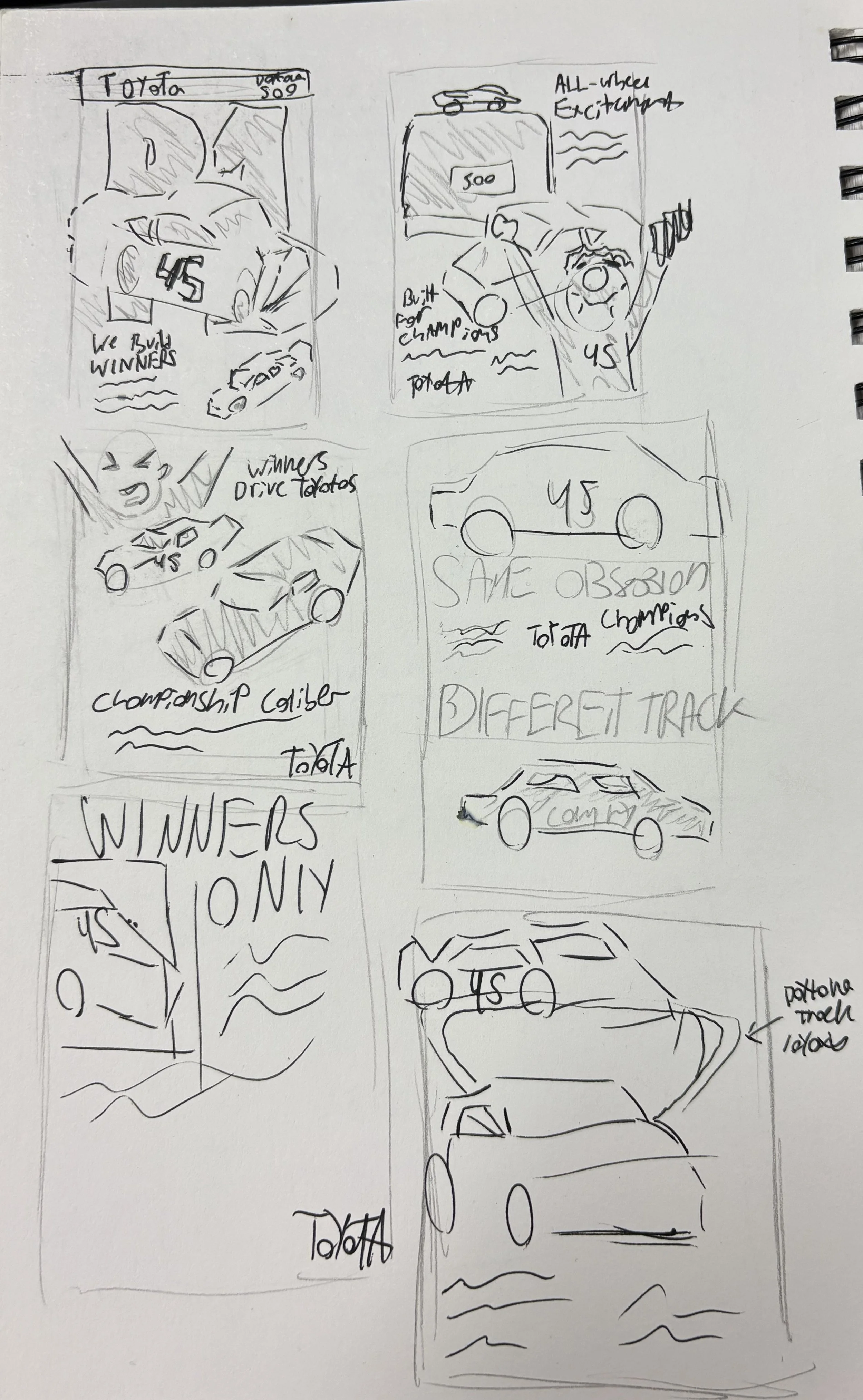 Hand-drawn sketches of race cars, trophies, and race track scenes with notes about winners, championships, and different race tracks.