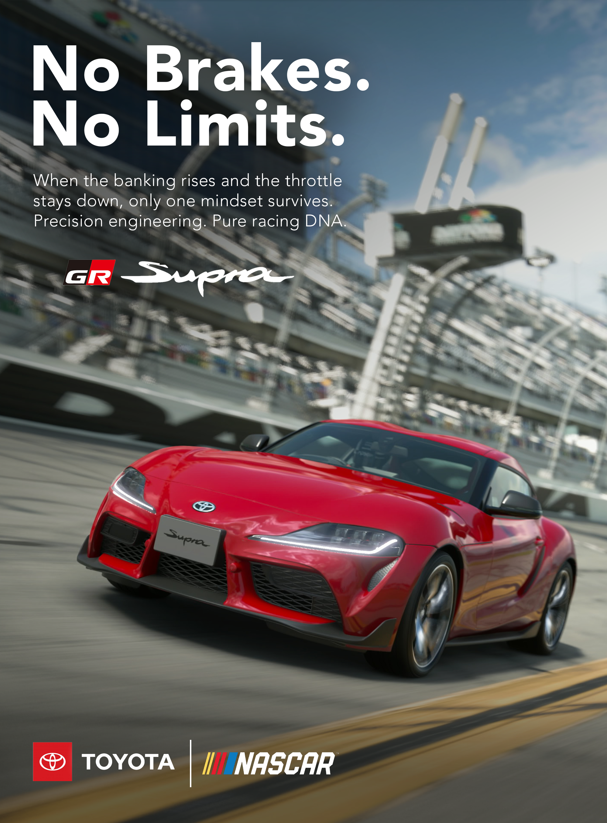 A red Toyota Supra race car on a racing track with a modern grandstand and a bright blue sky in the background.