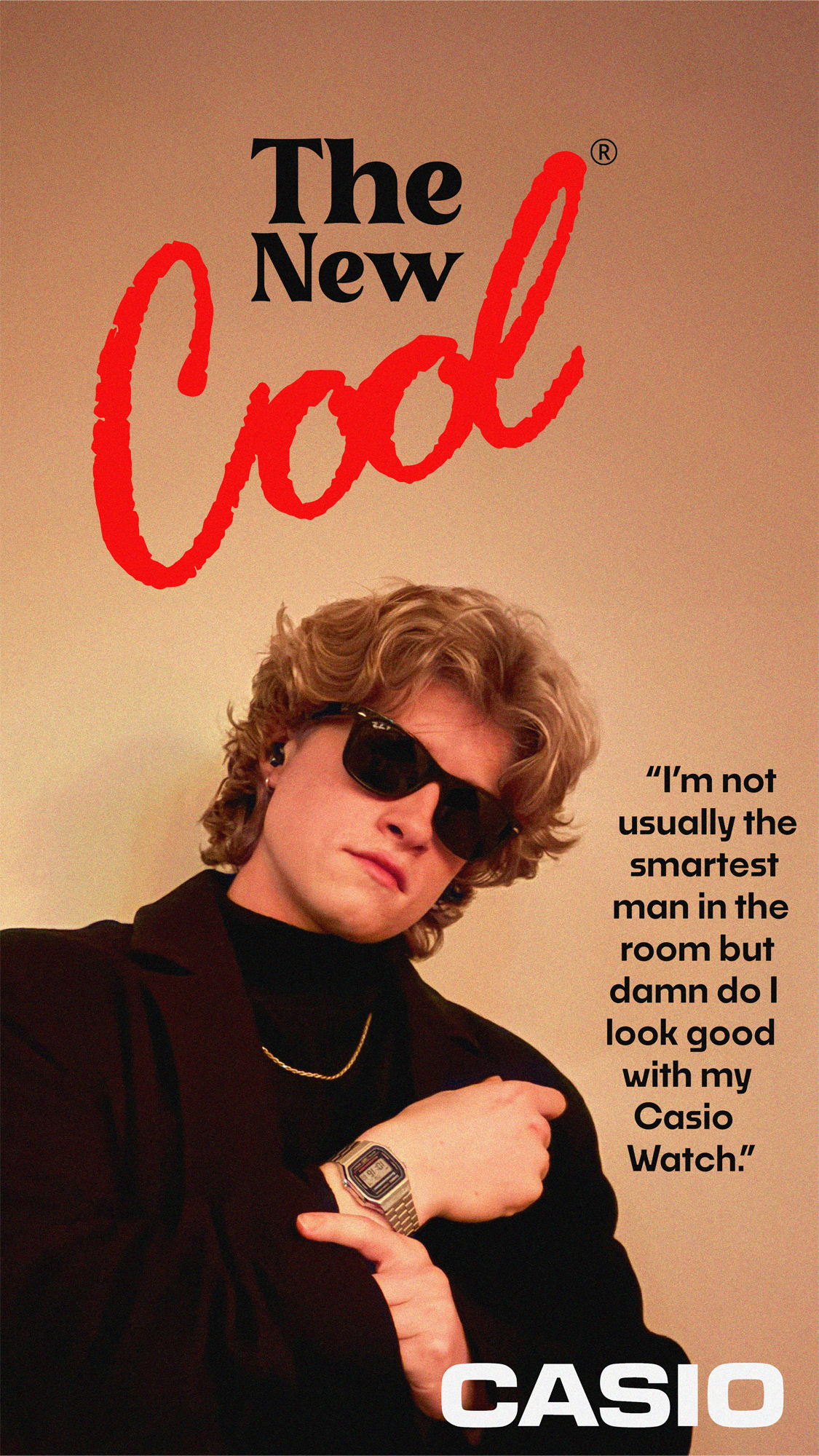 A person with wavy blonde hair, wearing black sunglasses, a black turtleneck, a black blazer, and a gold chain, showing a Casio digital watch on their wrist. The background is beige. The image has text that reads, "The New Cool," with "Cool" in red c