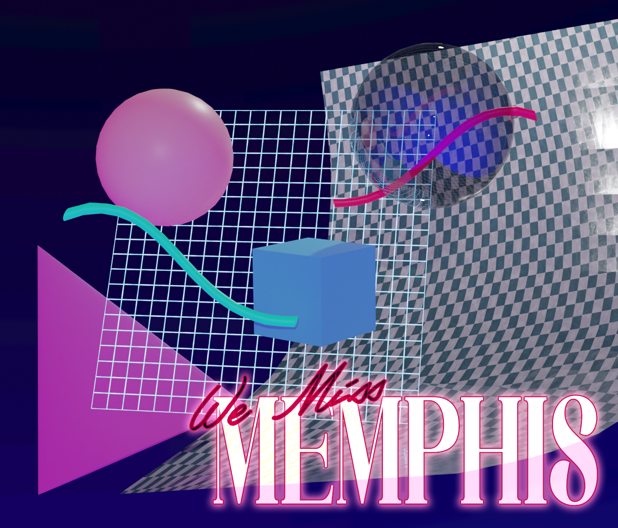Neon sign with the text "the Miss Memphis" in cursive and bold fonts, surrounded by abstract 3D shapes including a pink sphere, blue cube, checkered sphere, and colorful lines, set against a dark background.