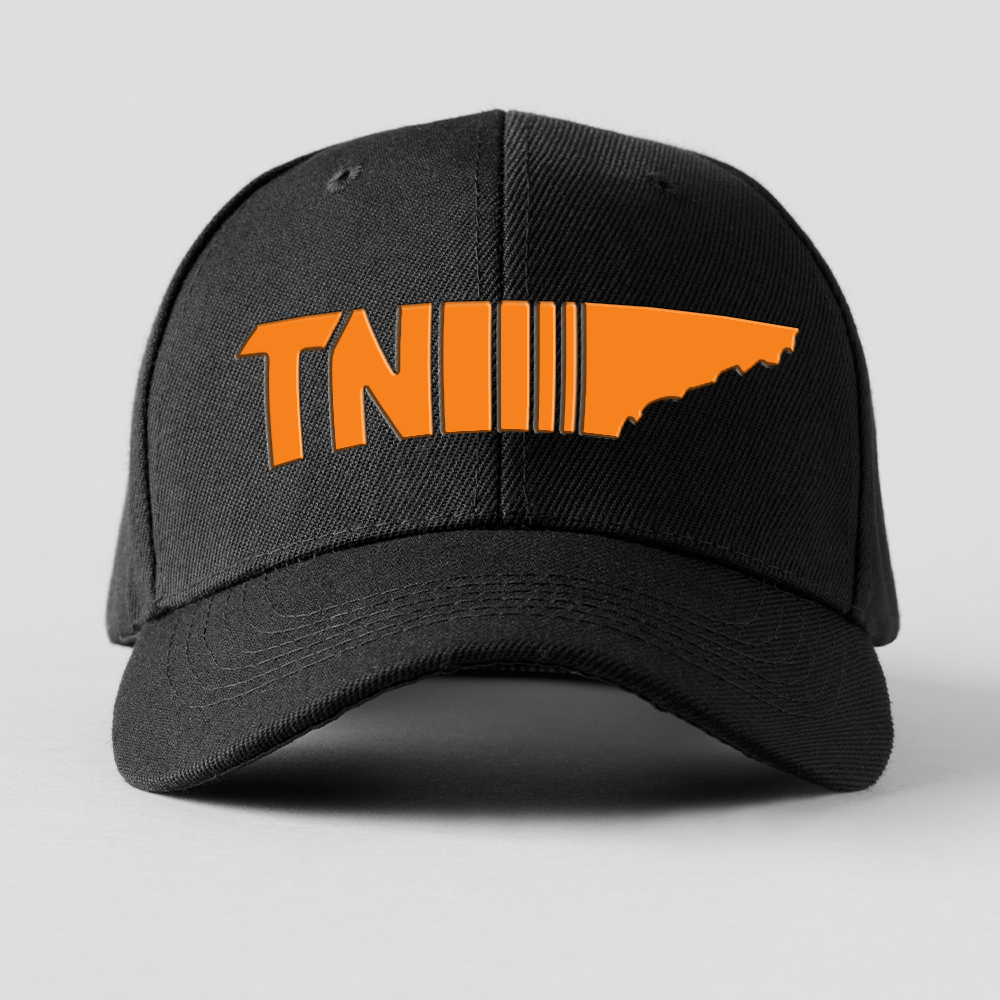 Black baseball cap with orange graphic and stylized text reading "TN