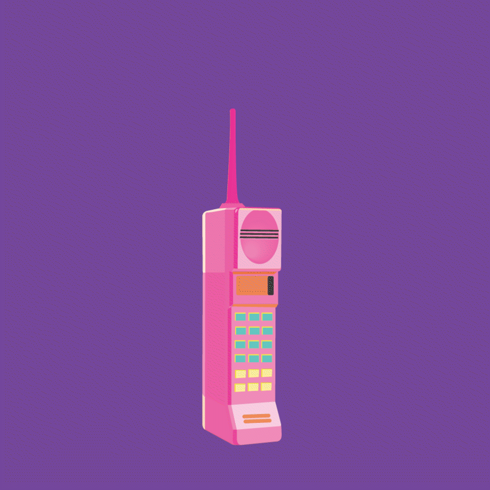 Digital illustration of a vintage pink mobile phone with an antenna against a purple background.