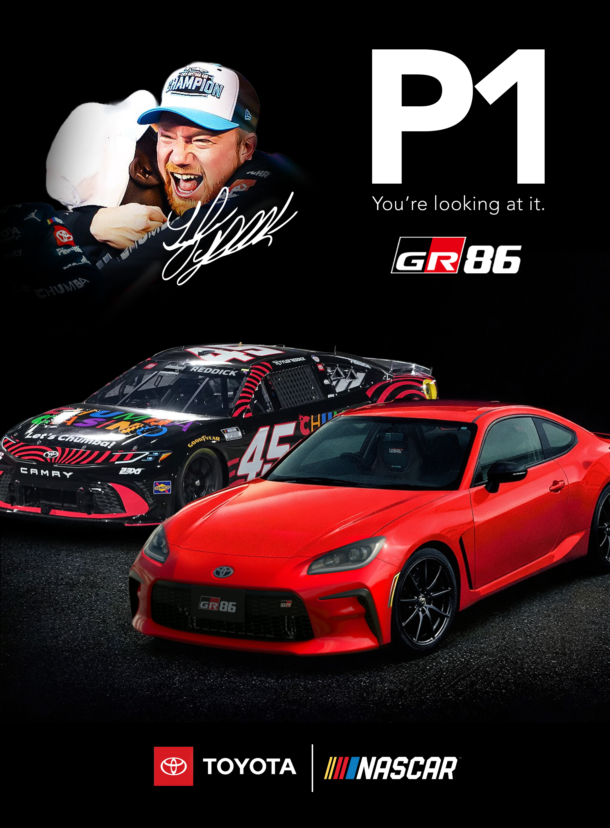 A promotional image featuring a race car driver celebrating, two car models including a red Toyota GR86 and a black NASCAR race car, with logos of Toyota and NASCAR at the bottom, and text indicating the number P1 and GR86.