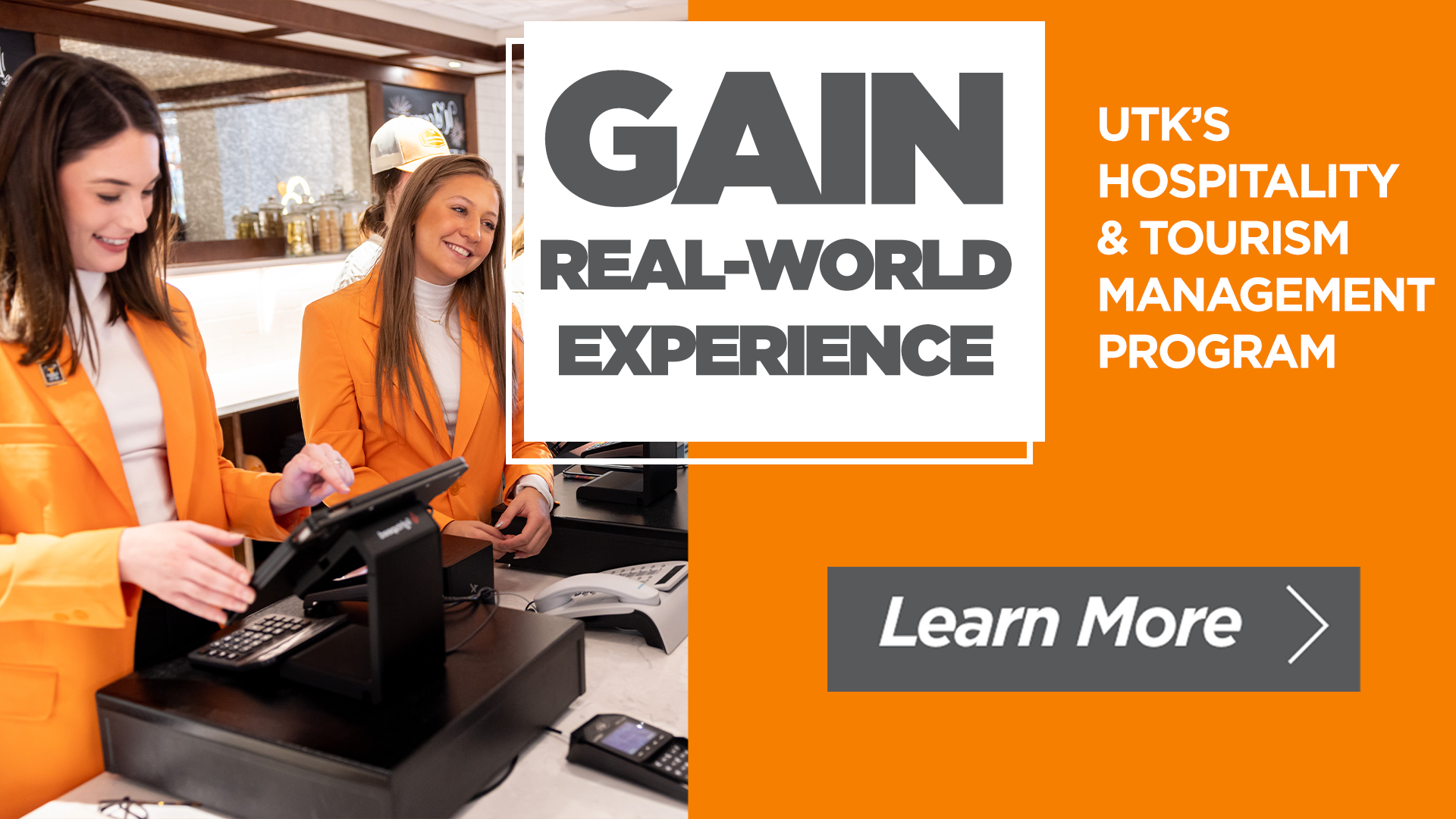 A promotional banner for a hospitality and tourism management program featuring a group of women in orange uniforms working at a hotel reception desk, with text highlighting gaining real-world experience and a call to learn more.
