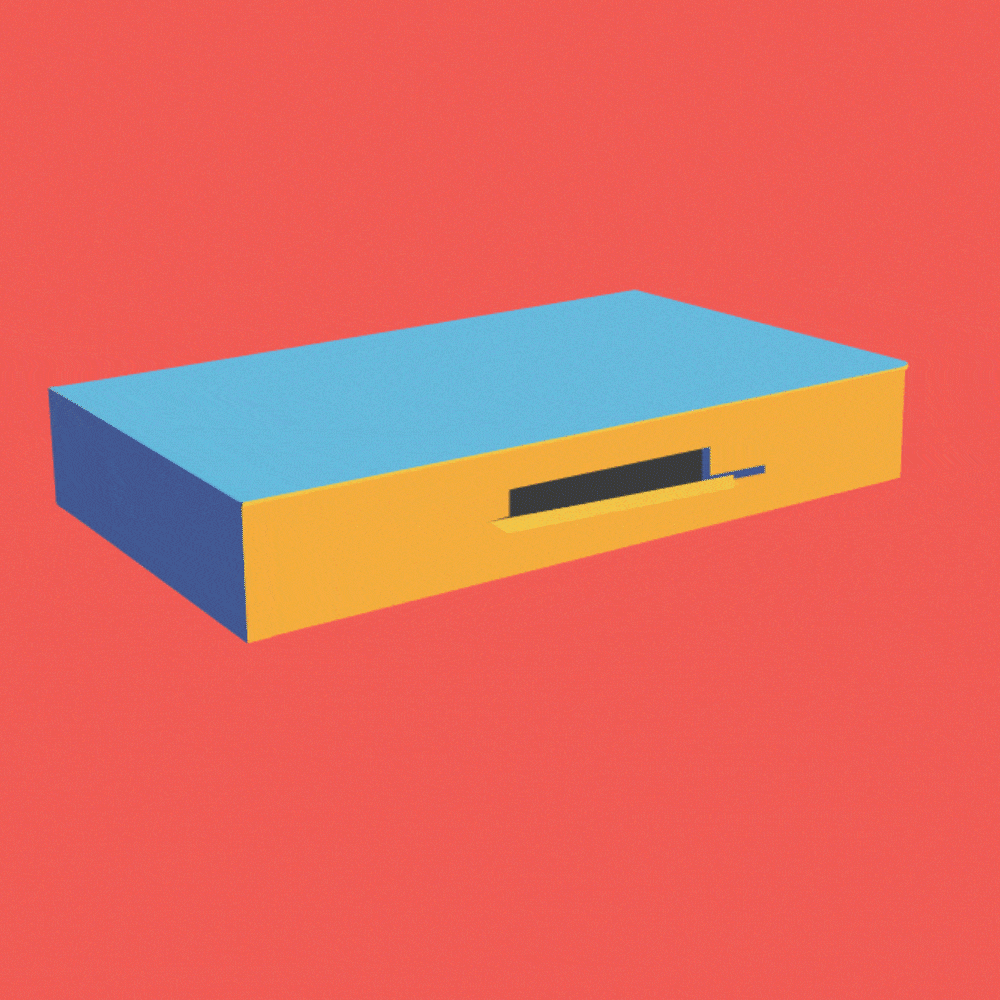 Colorful rectangular box with a handle, set against a pink background.