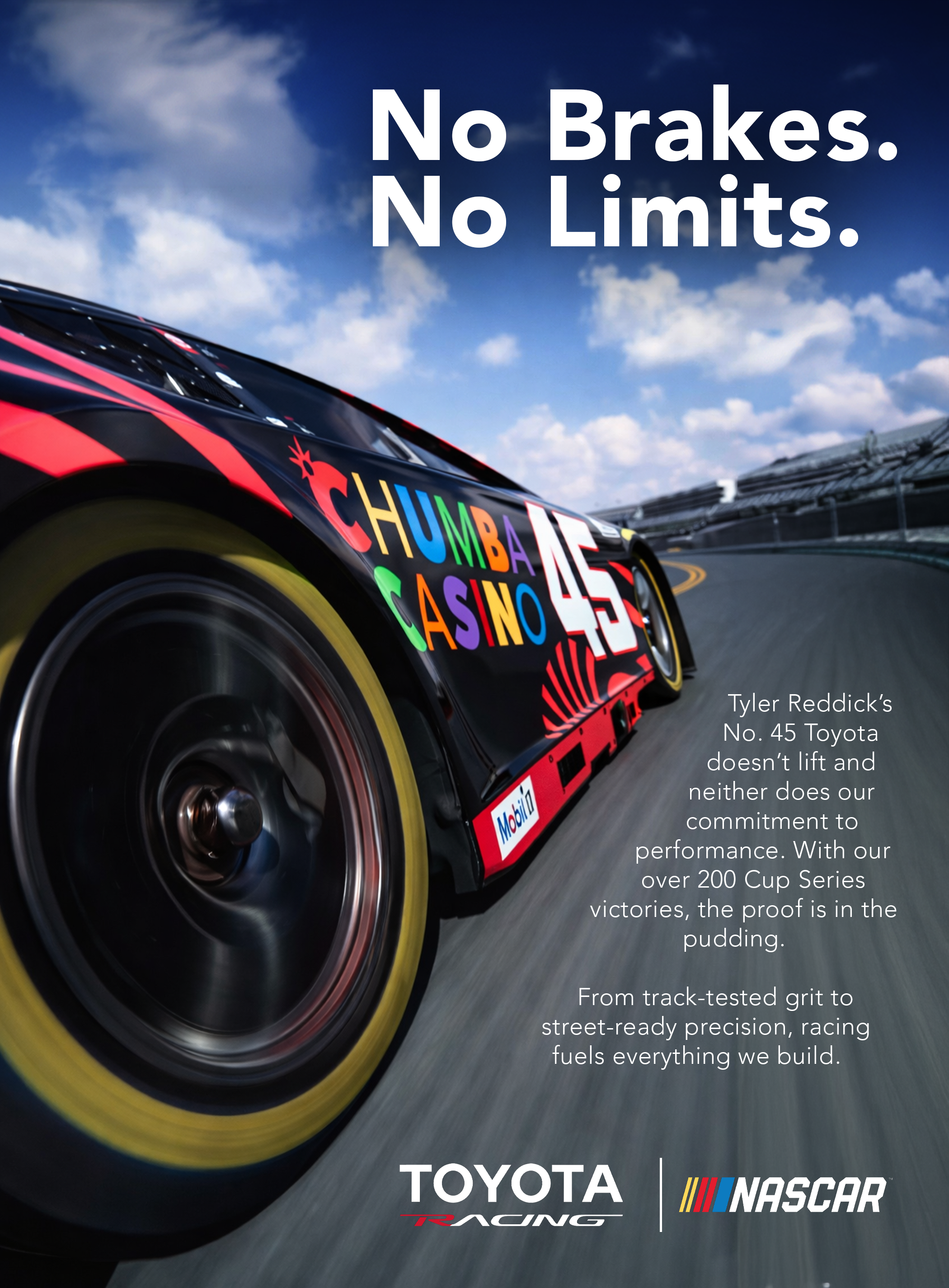 A racing car on a track with the text 'No Brakes. No Limits.' and details about Tyler Reddick's No. 45 Toyota and racing achievements.