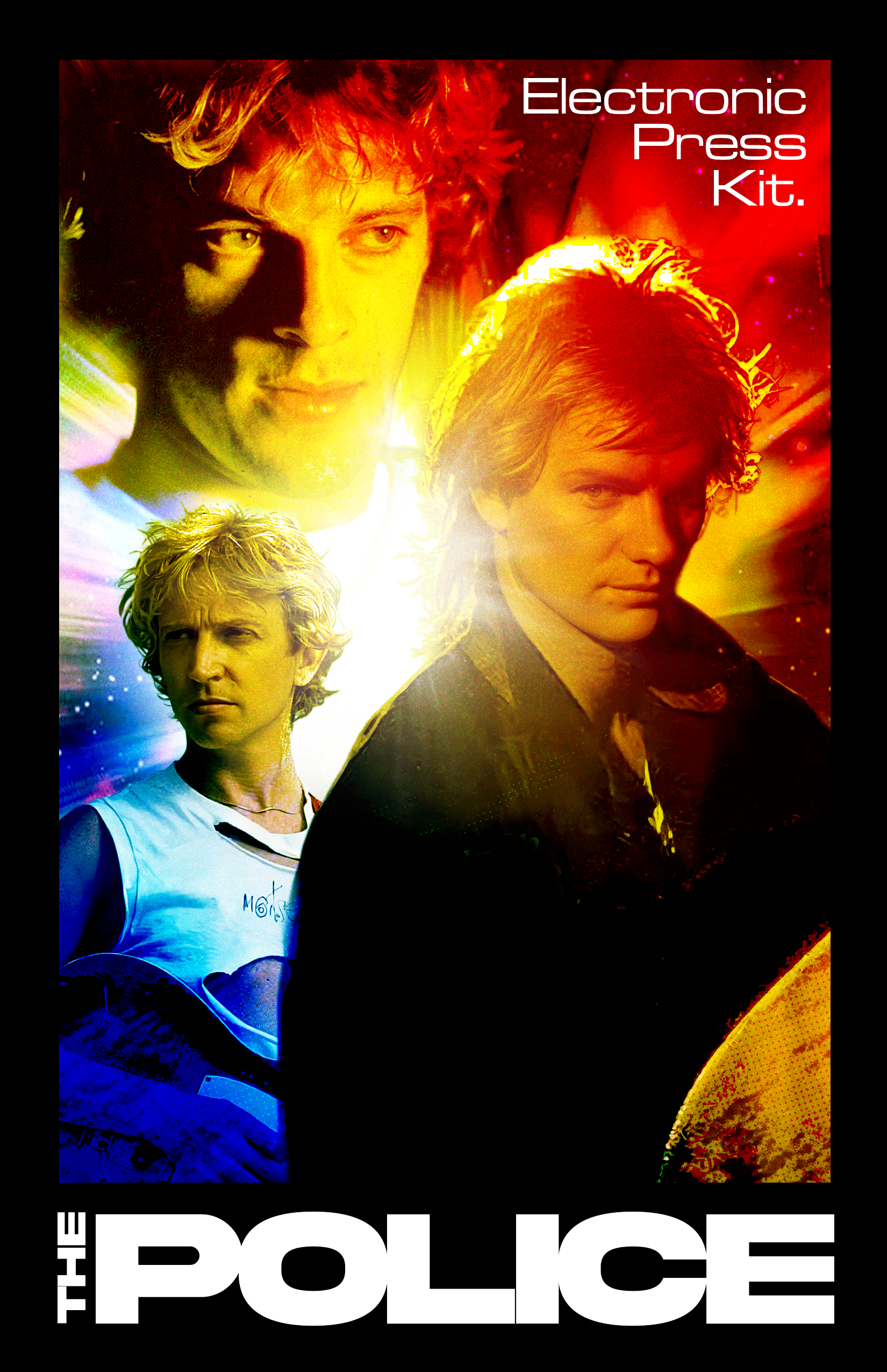A colorful poster for the TV series "The Police" featuring images of three men with different expressions, set against a vibrant background with red, yellow, blue, and purple hues, and the text "Electronic Press Kit" in the top right corner.
