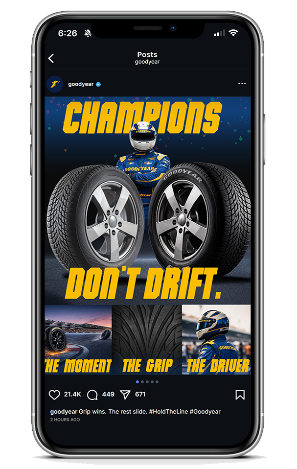 Goodyear advertisement featuring a race car driver in a racing suit and helmet, standing behind two large racing tires, with the words "CHAMPIONS DON'T DRIFT" in bold yellow letters, and images of a car on a race track, a tire tread, and a race drive
