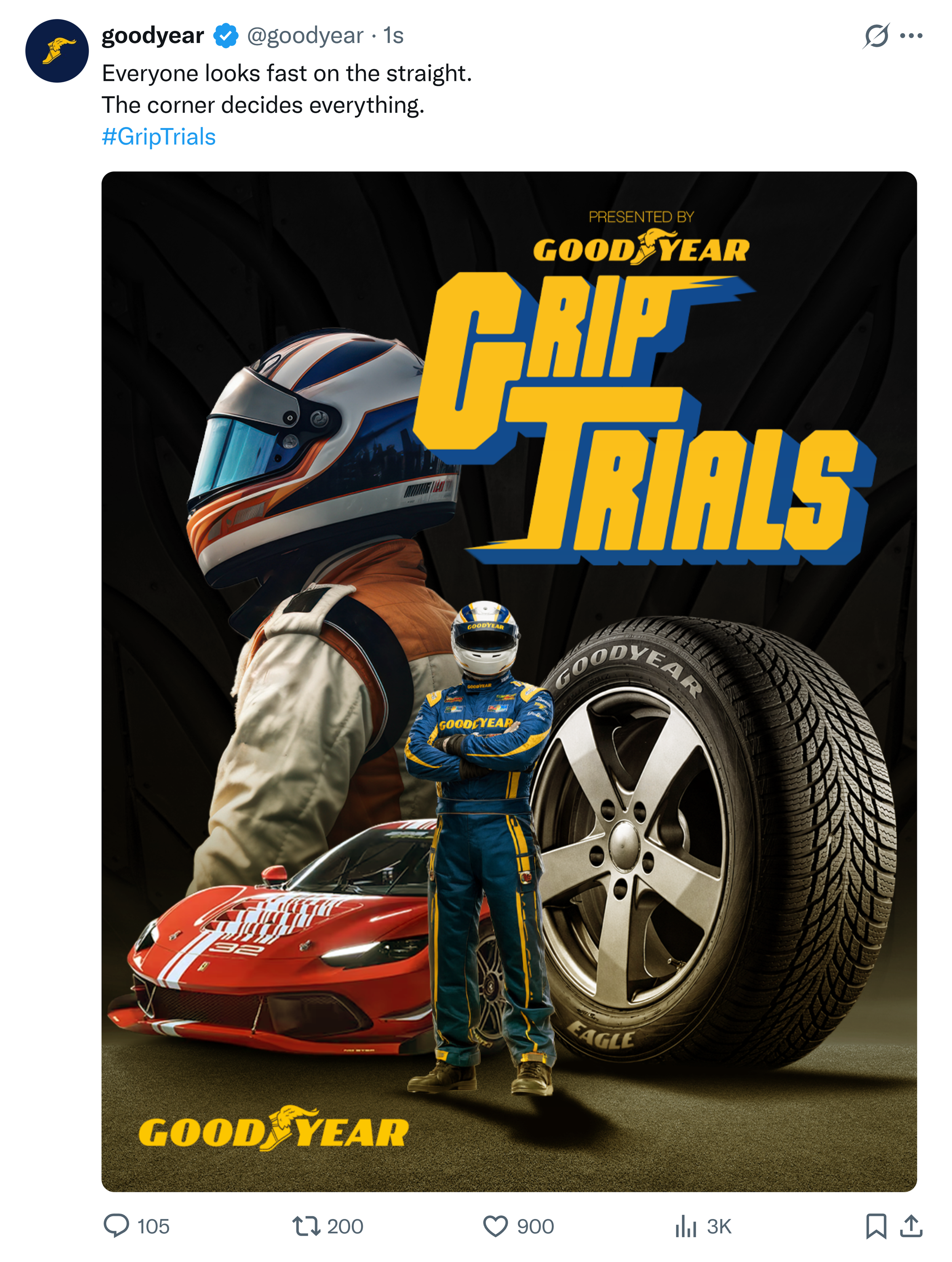 Promotional poster for Goodyear Grip Trials featuring a racing helmet, a racing car with a red and white stripe, a racing suit, and a tire, with the event title and Goodyear logo.
