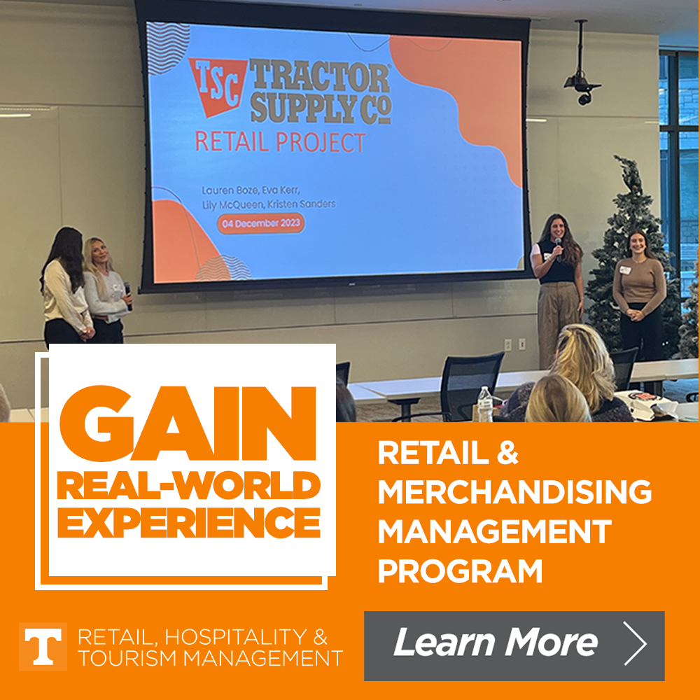 A presentation screen displays the logo for Tractor Supply Co. and the words 'Retail Project' with the names Lauren Boze, Eva Kerr, Lily McQueen, Kirsten Sanders, and the date December 4, 2023. Four women are standing in front of the screen, speaking
