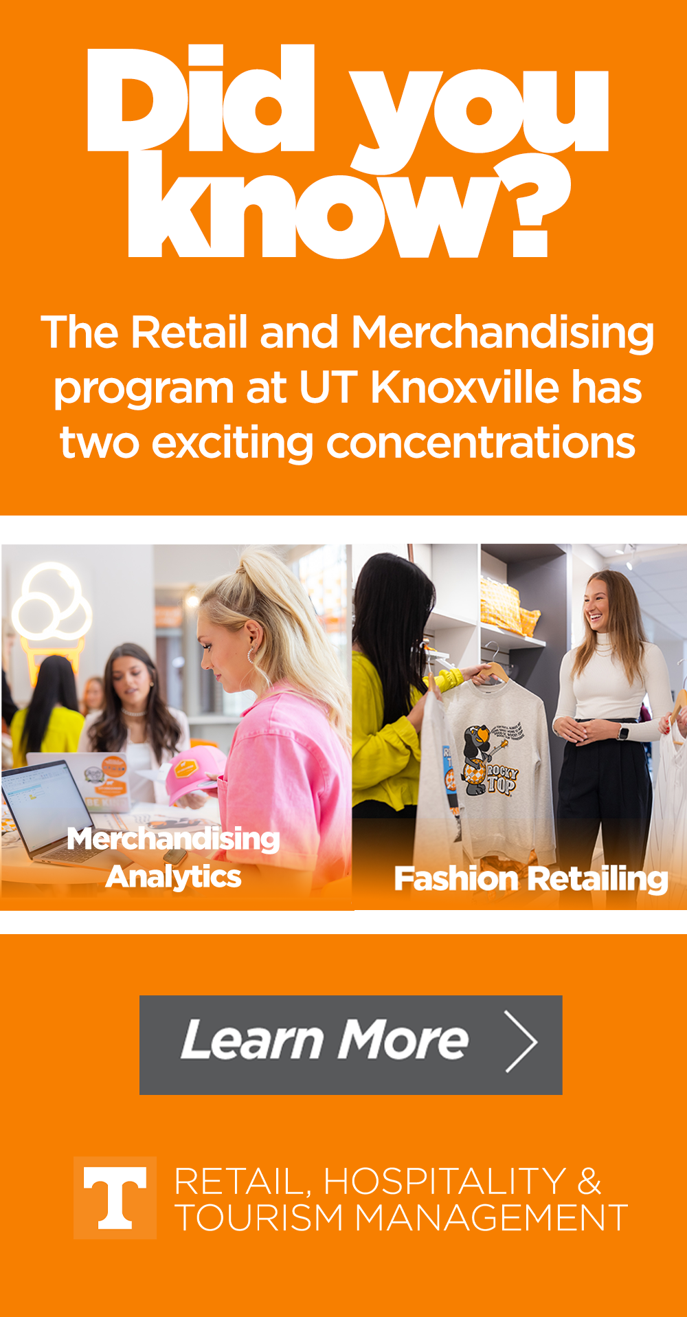 Advertisement for UT Knoxville's Retail and Merchandising program featuring two focuses: Merchandising Analytics and Fashion Retailing, with images of women shopping and working in retail environments.