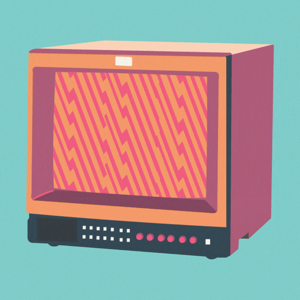 Illustration of an old-fashioned television set with a patterned screen against a teal background.