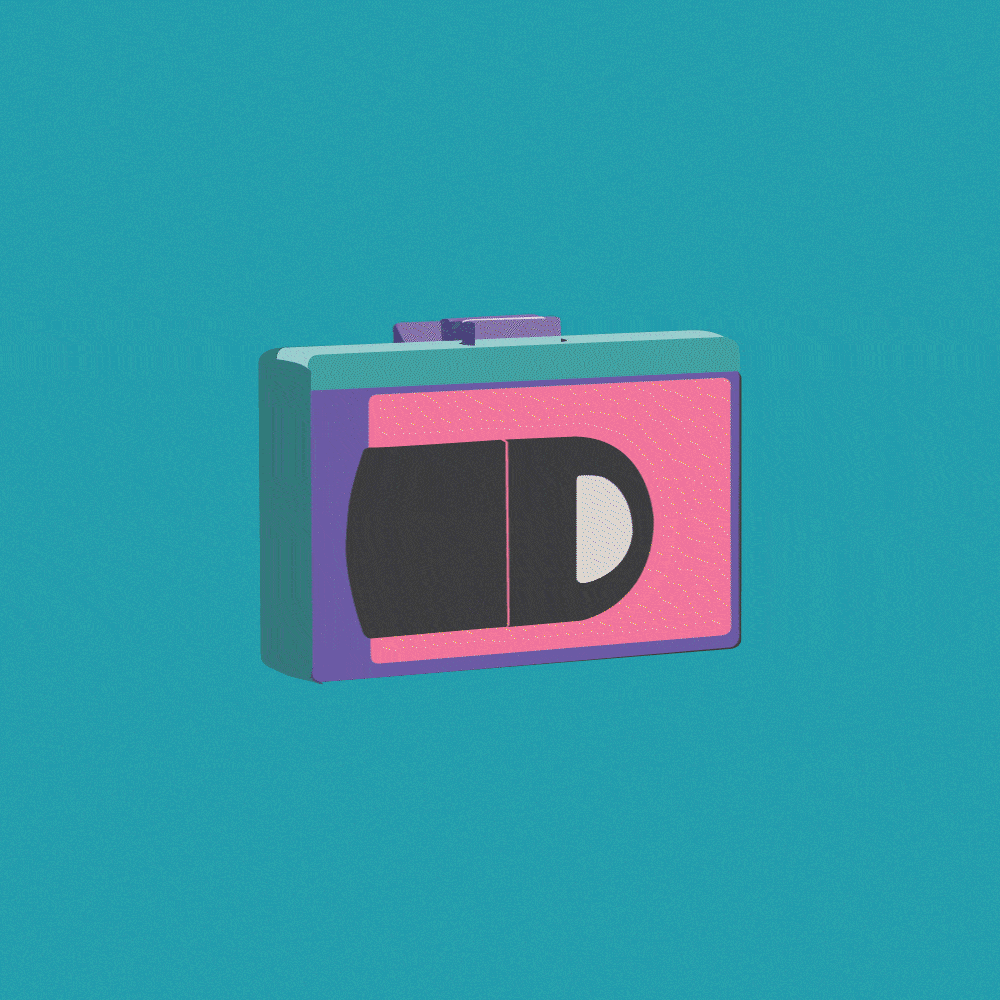 A colorful illustration of a camera with a vibrant pink, purple, and teal color palette against a teal background.
