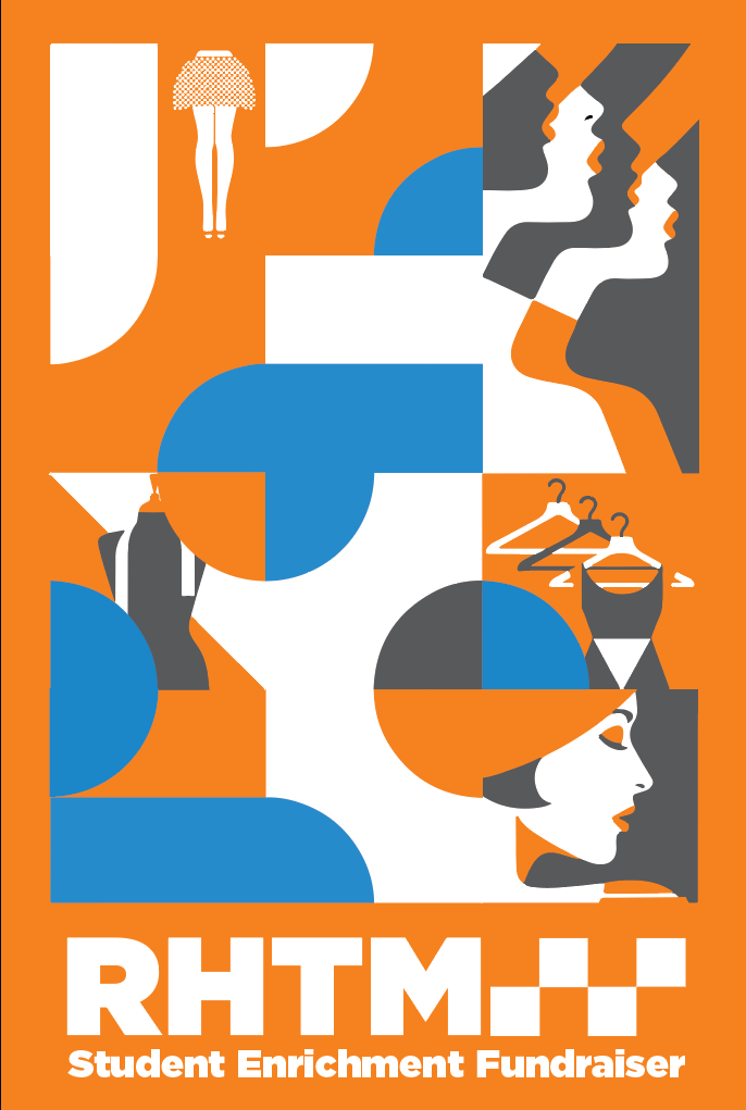 Graphic design for a student enrichment fundraiser event featuring abstract illustrations of women, clothing items, and profile silhouettes on an orange background with blue, gray, and white accents.