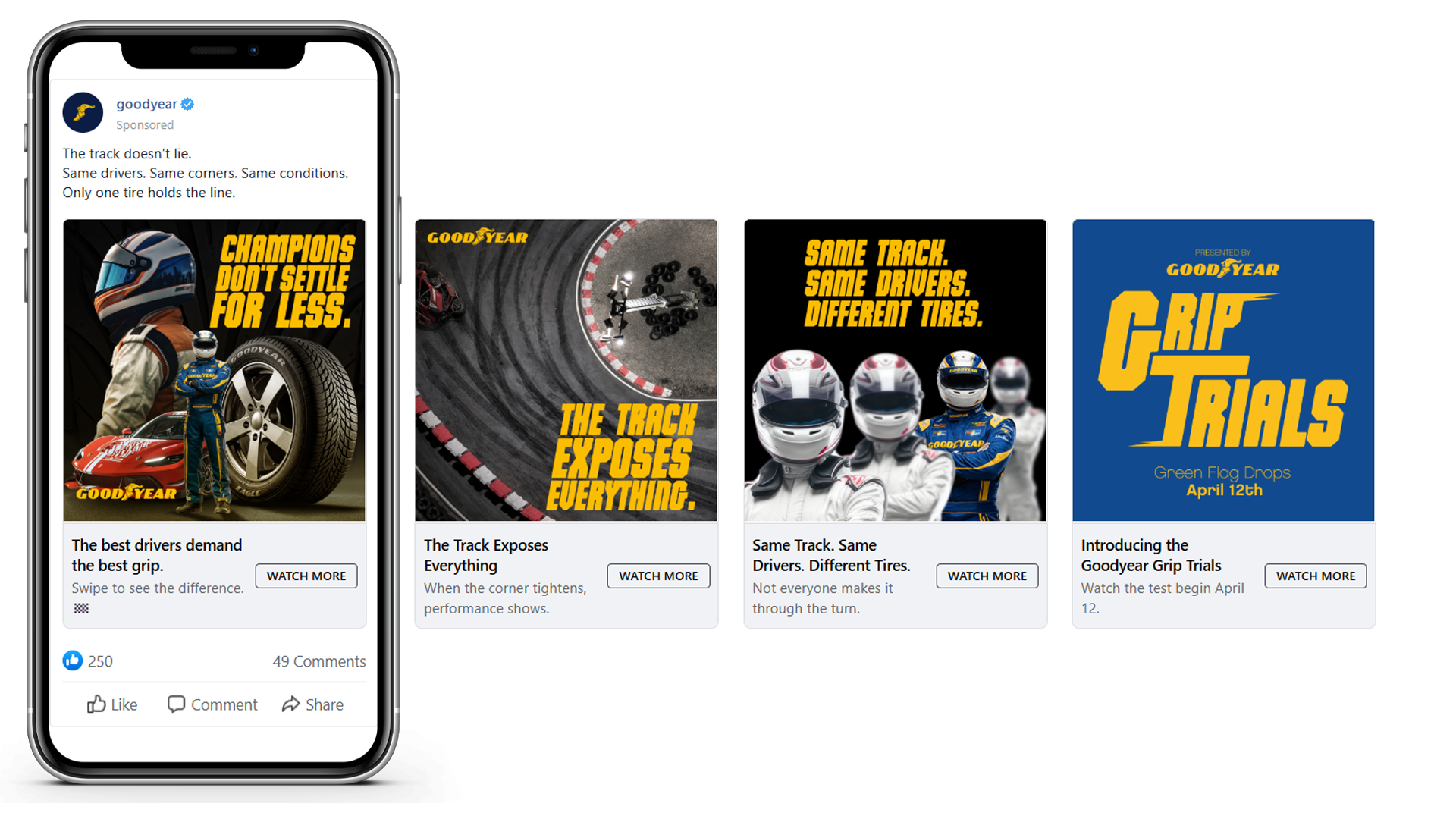 A smartphone displays a Facebook ad for Goodyear, with images of racing helmets, tires, and race cars, and multiple ads about tire track testing and racing events.