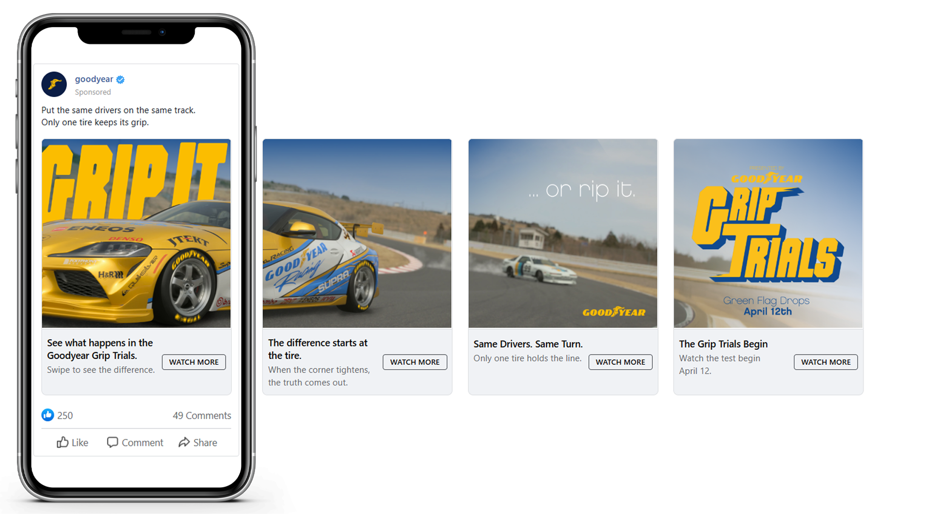 Mobile phone displaying an advertisement for Goodyear Grip Trials featuring race cars on a track, with bold yellow and blue text and a 'swipe to see the difference' message underneath.