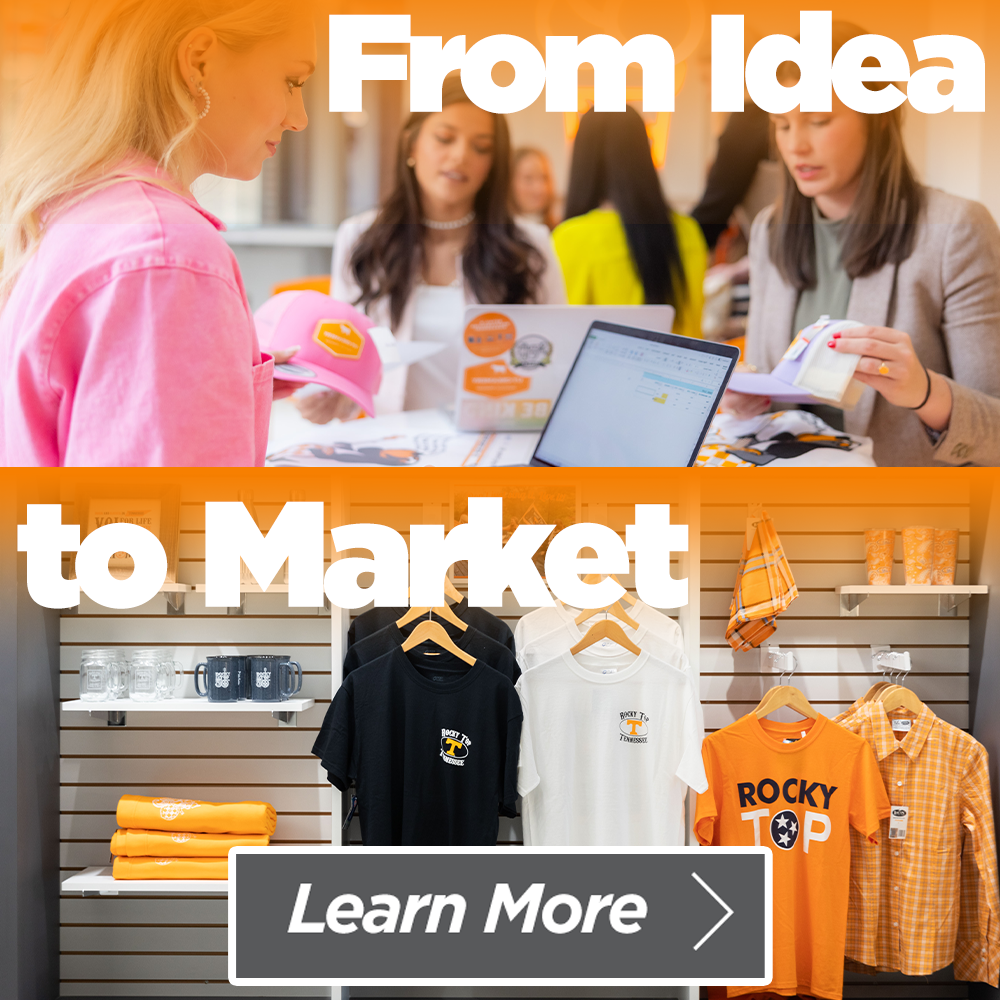 A collage of two images: the top shows women working on a project at a table with laptops and notebooks, the bottom displays a retail store section with T-shirts, shirts, and merchandise featuring the Rocky Top brand, and a ‘Learn More’ button.