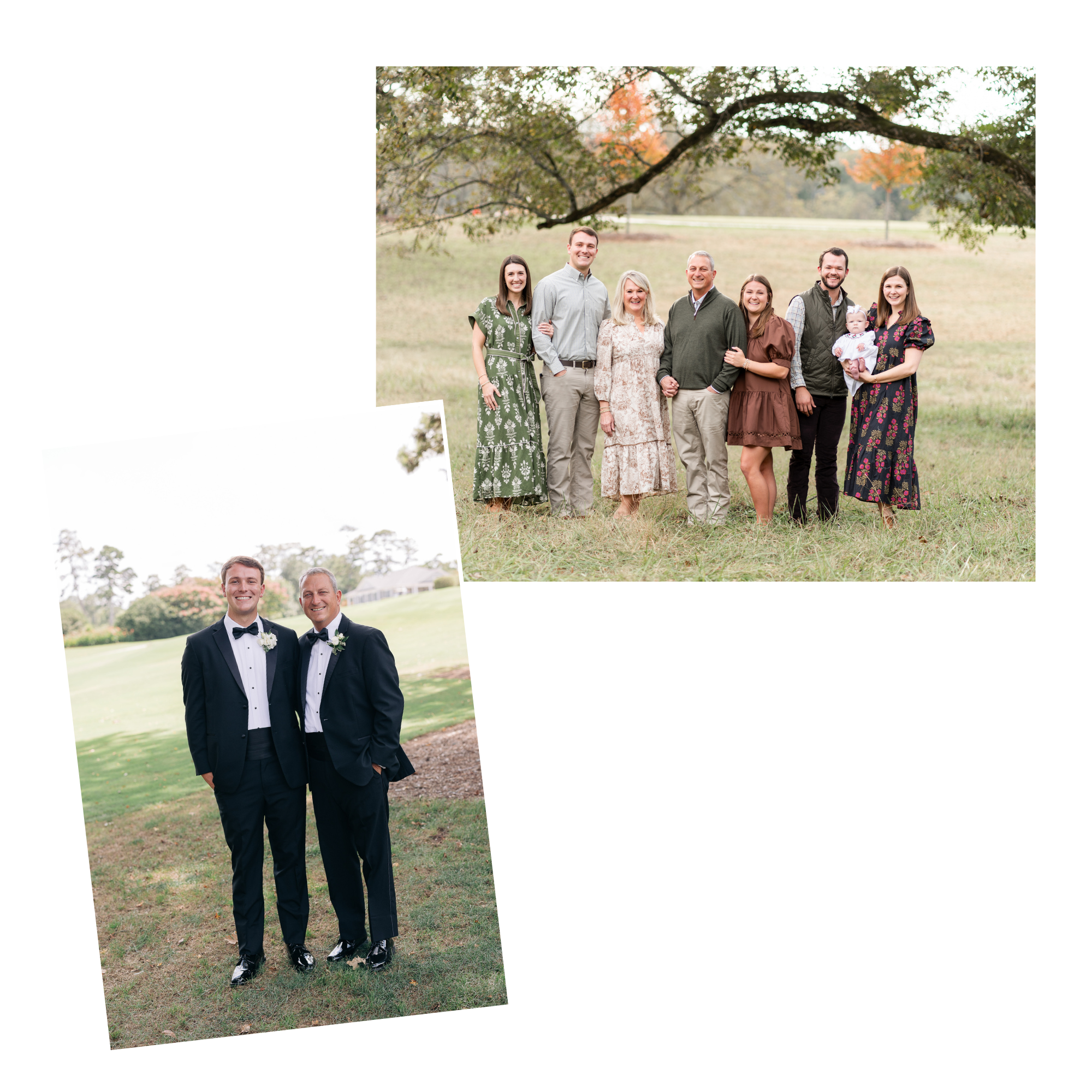 A collage of two wedding photographs. The larger photo shows a family of eight standing outdoors on grass with a big tree and fall foliage in the background, including a baby dressed in white. The smaller inset photo shows two men in tuxedos standing on grass, smiling, with a park-like setting in the background.