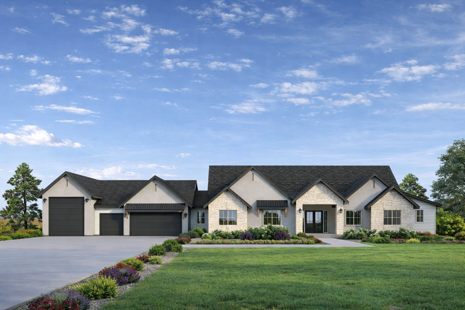 Modern suburban house with a landscaped front yard, driveway, and multiple garage doors, under a partly cloudy sky.