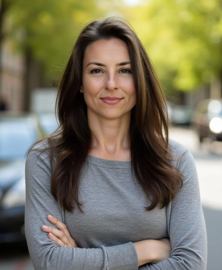 A woman with long dark hair, wearing a gray long-sleeve top, standing outside with trees and parked cars in the background.