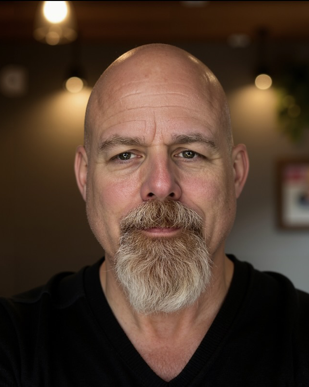 Close-up of a middle-aged bald man with a short gray beard and mustache, wearing a black shirt, indoors with warm lighting.