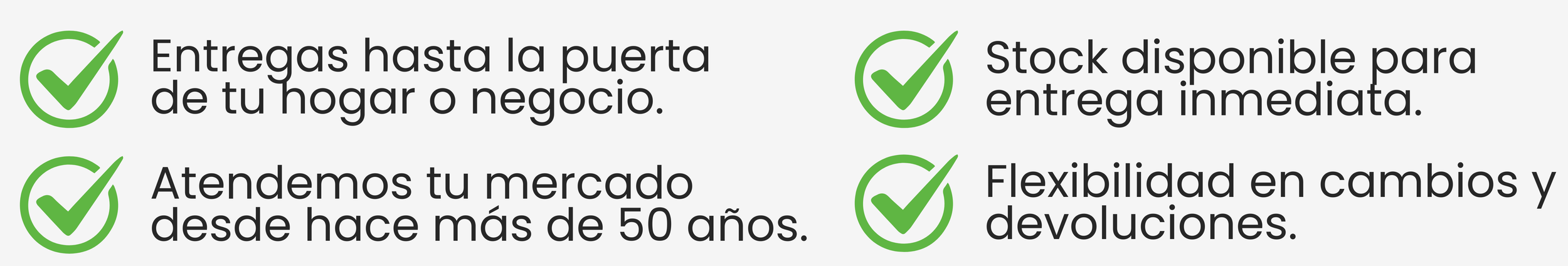 Four green checkmark icons next to Spanish text highlighting delivery, stock availability, market experience, and flexibility.